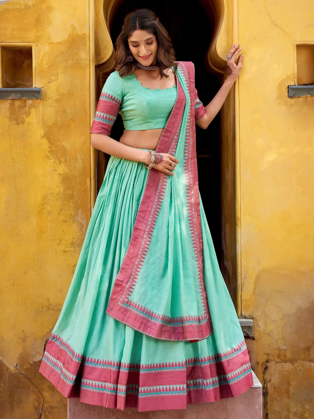 Sky Blue Glamorous Weaving Border Silk Wedding Wear Half Saree Lehenga