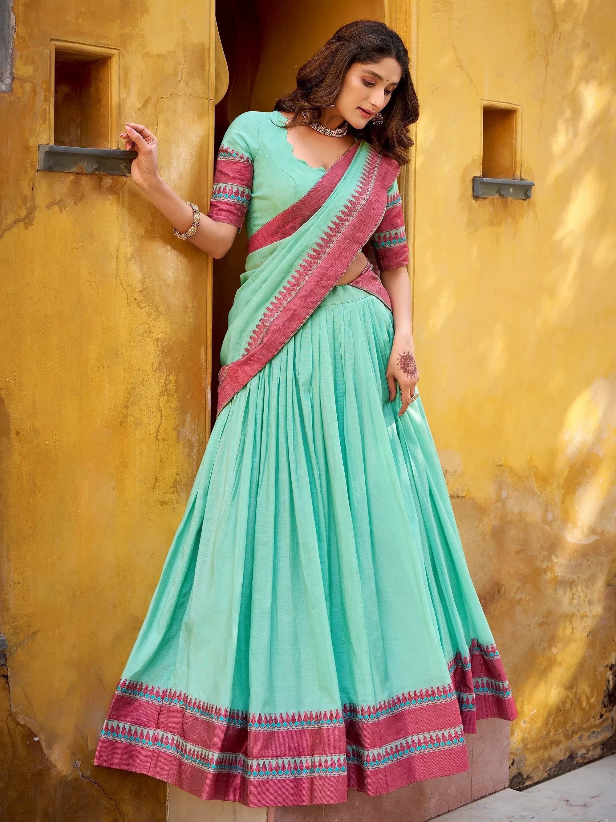 Sky Blue Glamorous Weaving Border Silk Wedding Wear Half Saree Lehenga
