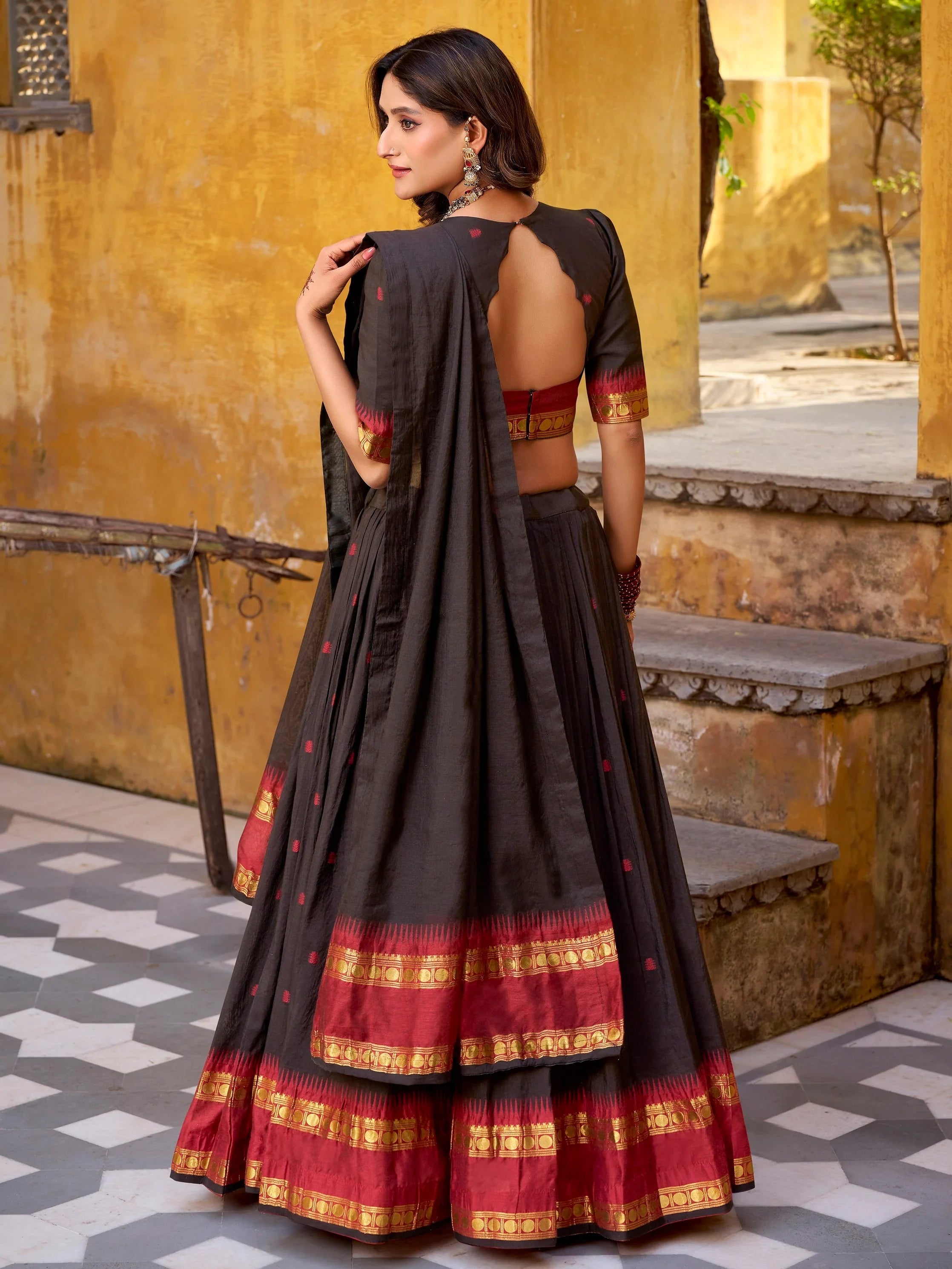 Black Lovely Zari Weaving Chanderi Wedding Wear Half Saree Lehenga