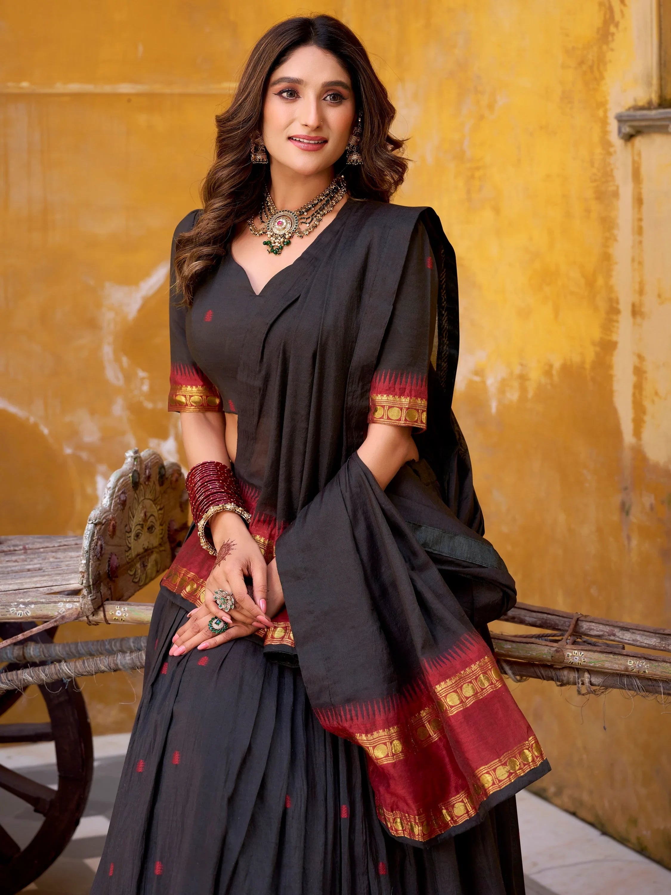 Black Lovely Zari Weaving Chanderi Wedding Wear Half Saree Lehenga