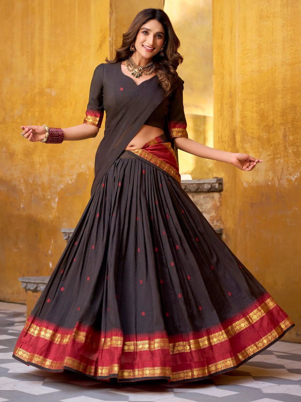 Black Lovely Zari Weaving Chanderi Wedding Wear Half Saree Lehenga