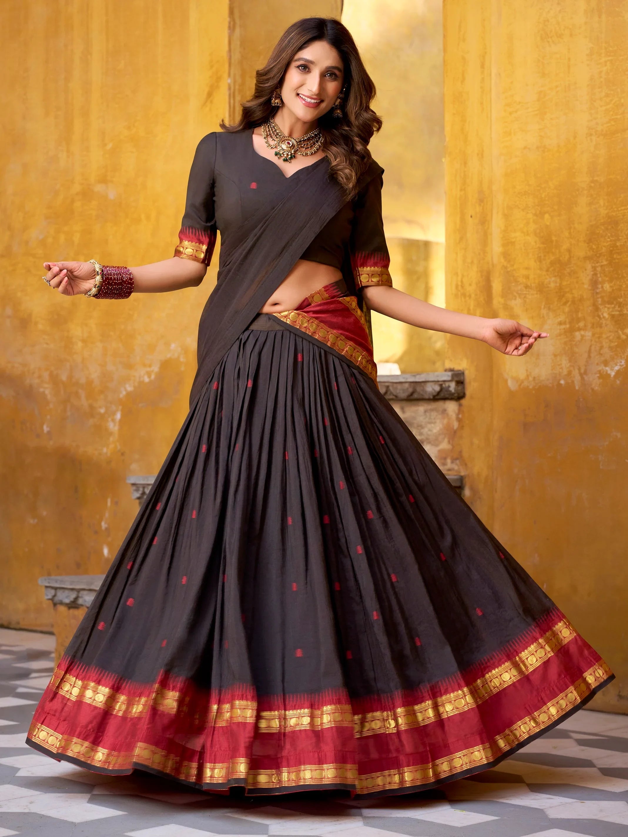 Black Lovely Zari Weaving Chanderi Wedding Wear Half Saree Lehenga
