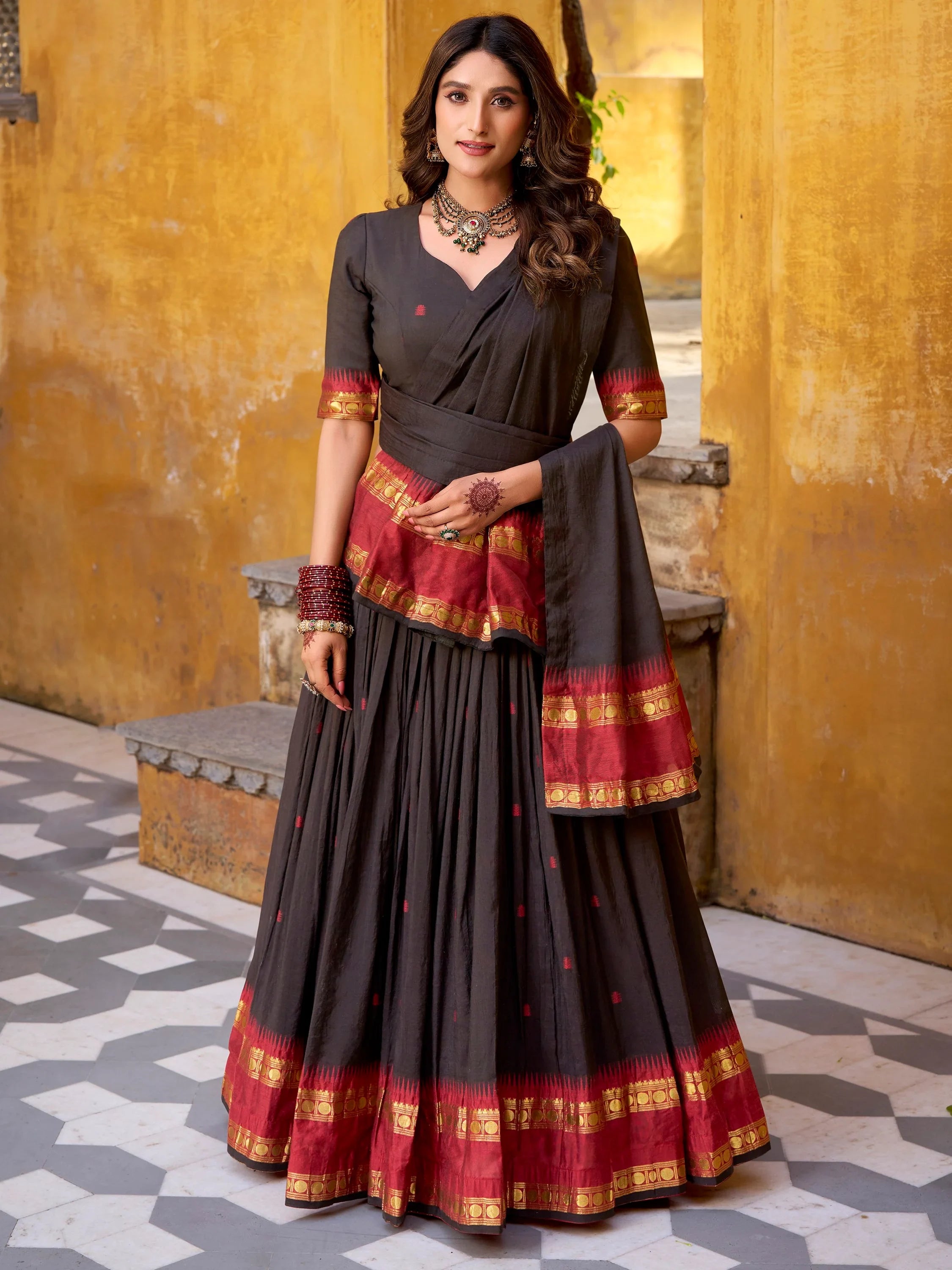 Black Lovely Zari Weaving Chanderi Wedding Wear Half Saree Lehenga