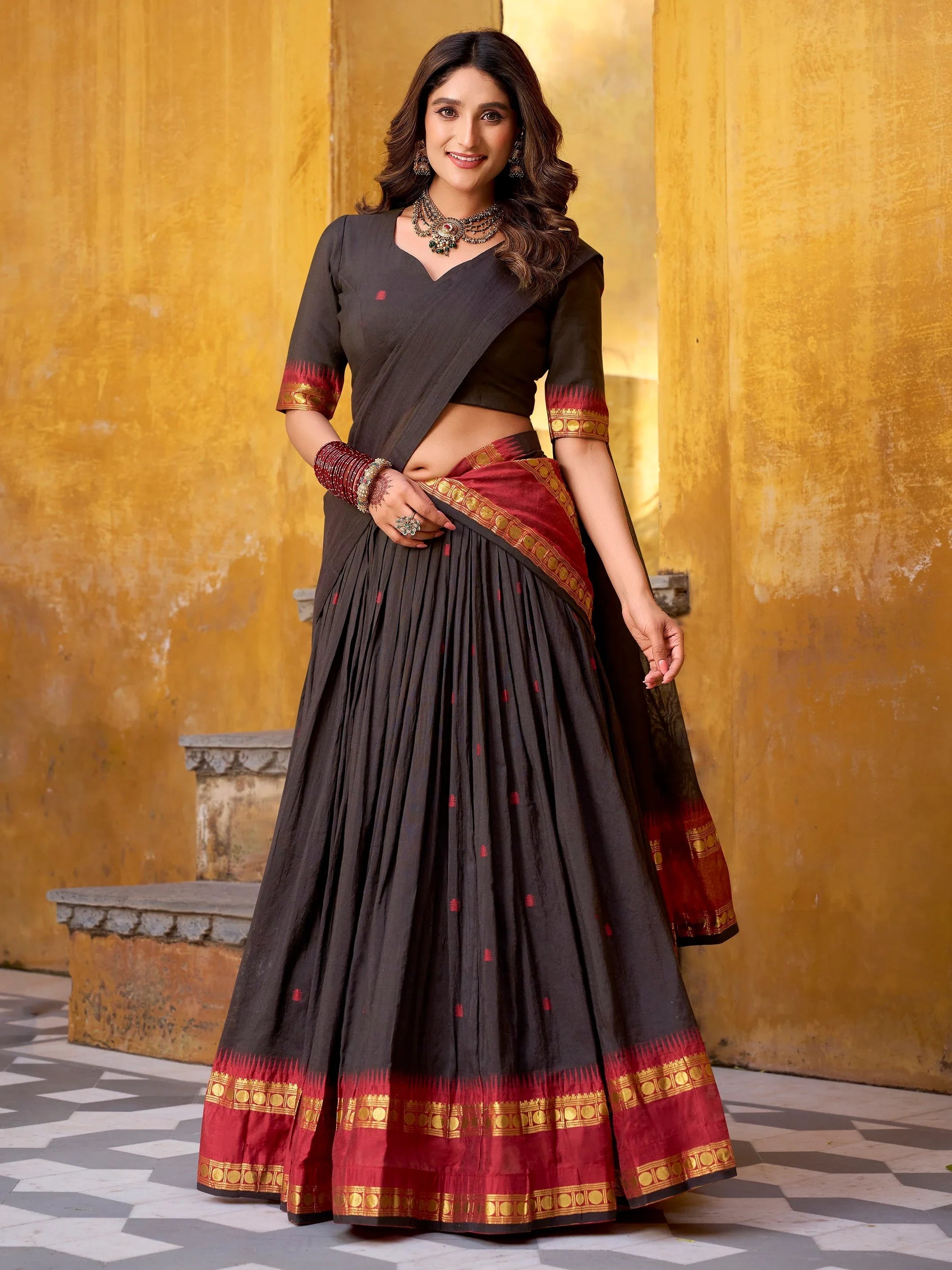 Black Lovely Zari Weaving Chanderi Wedding Wear Half Saree Lehenga