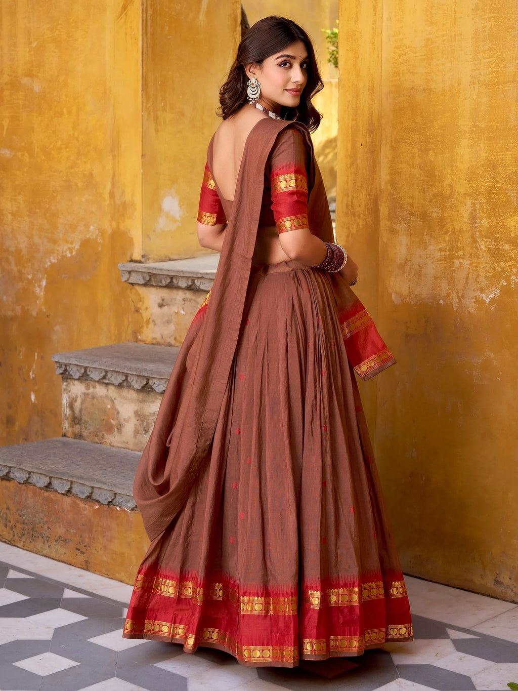 Brown Lovely Zari Weaving Chanderi Wedding Wear Half Saree Lehenga