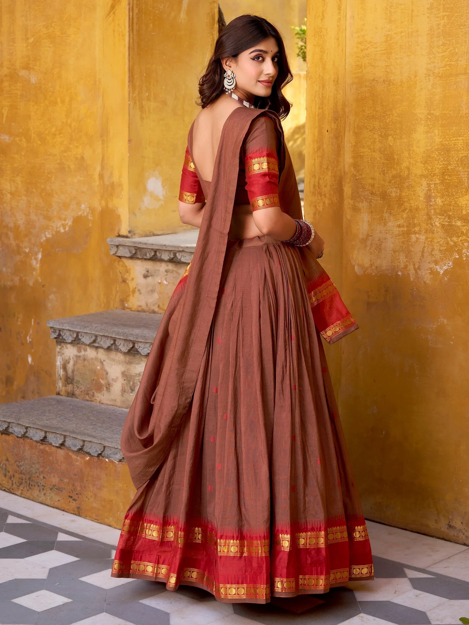 Brown Lovely Zari Weaving Chanderi Wedding Wear Half Saree Lehenga