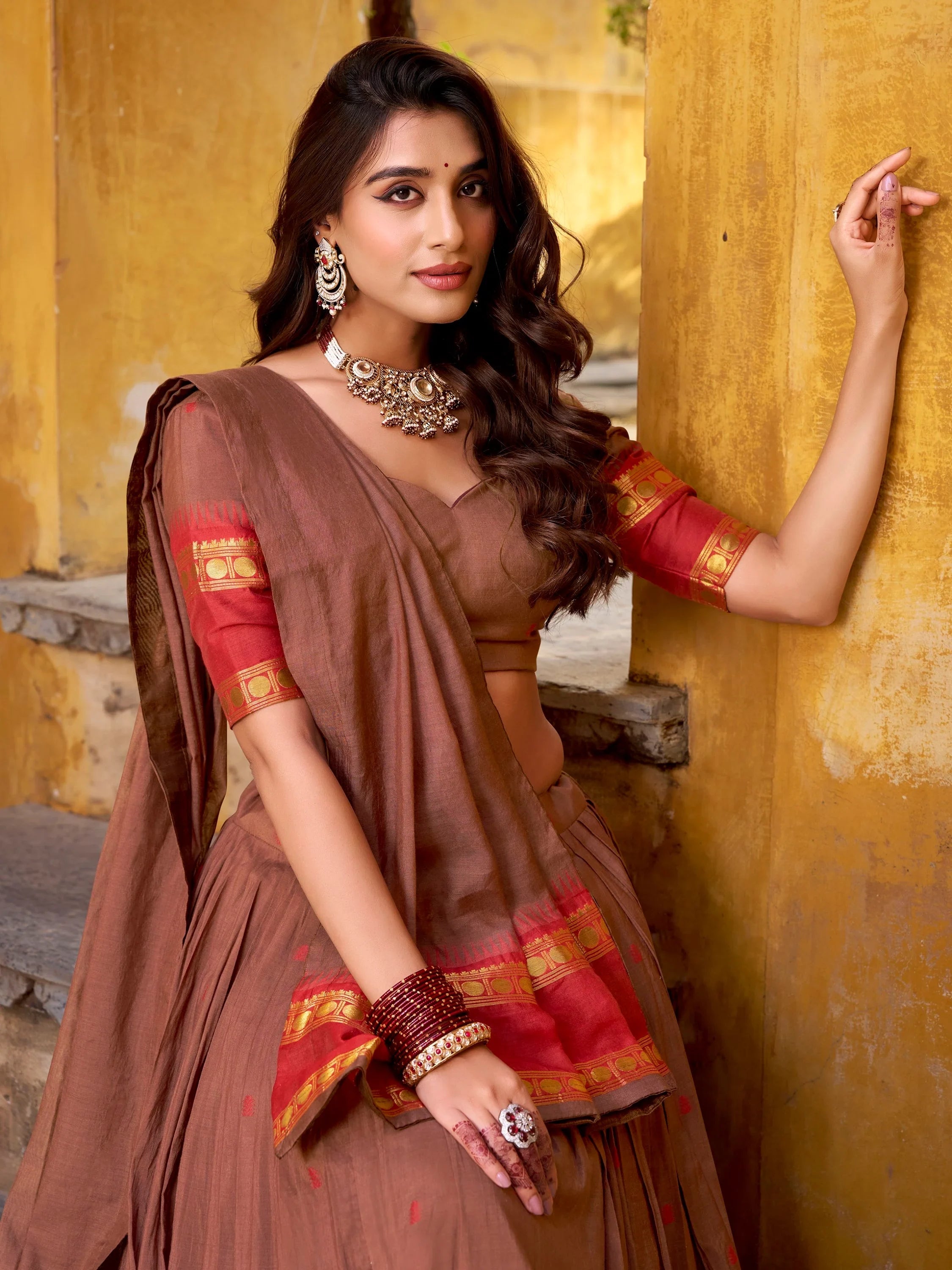 Brown Lovely Zari Weaving Chanderi Wedding Wear Half Saree Lehenga