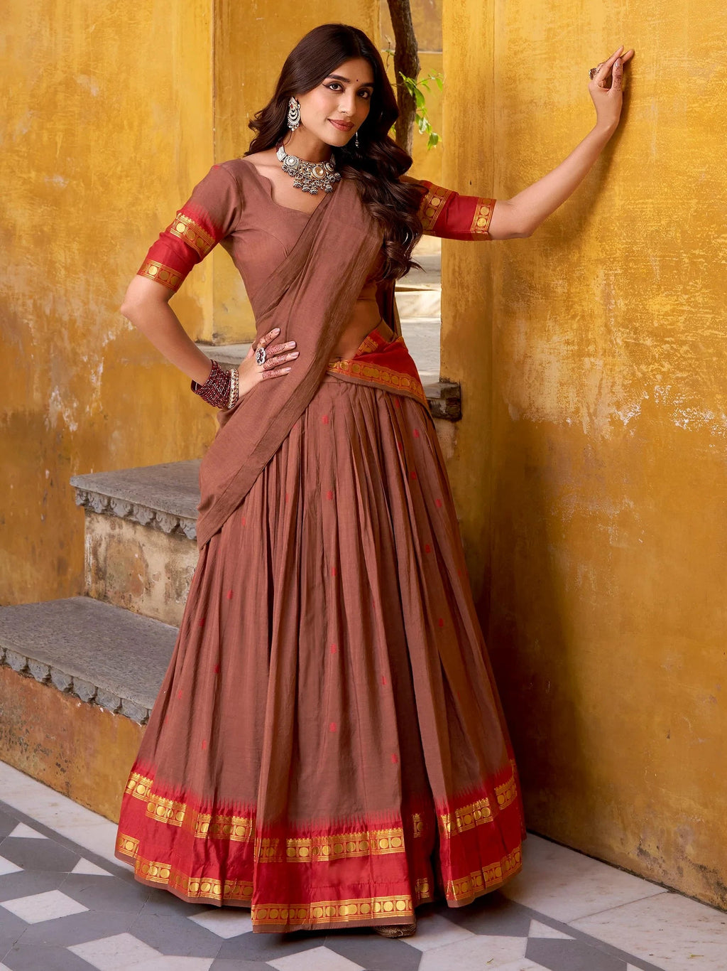 Brown Lovely Zari Weaving Chanderi Wedding Wear Half Saree Lehenga