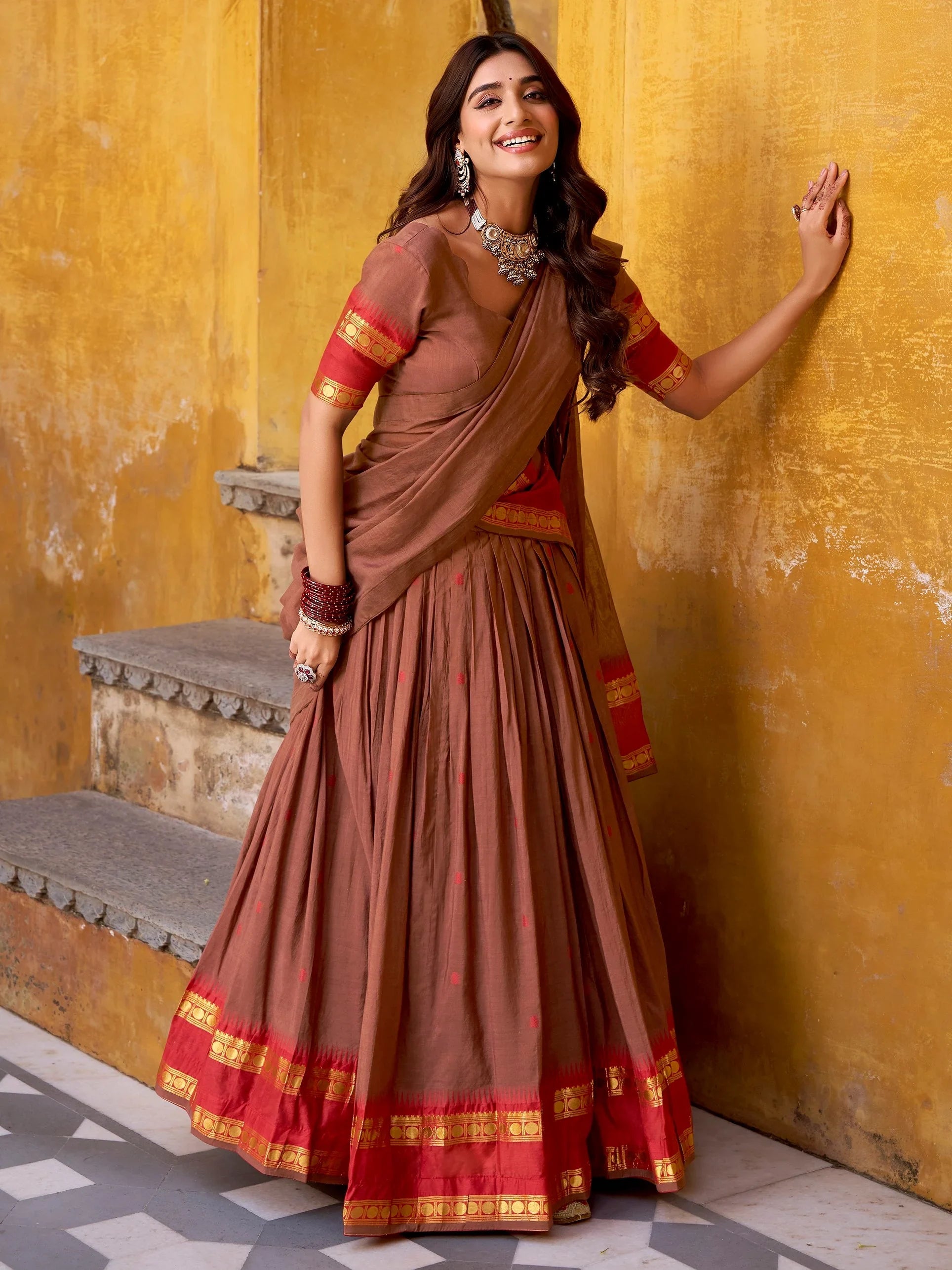 Brown Lovely Zari Weaving Chanderi Wedding Wear Half Saree Lehenga
