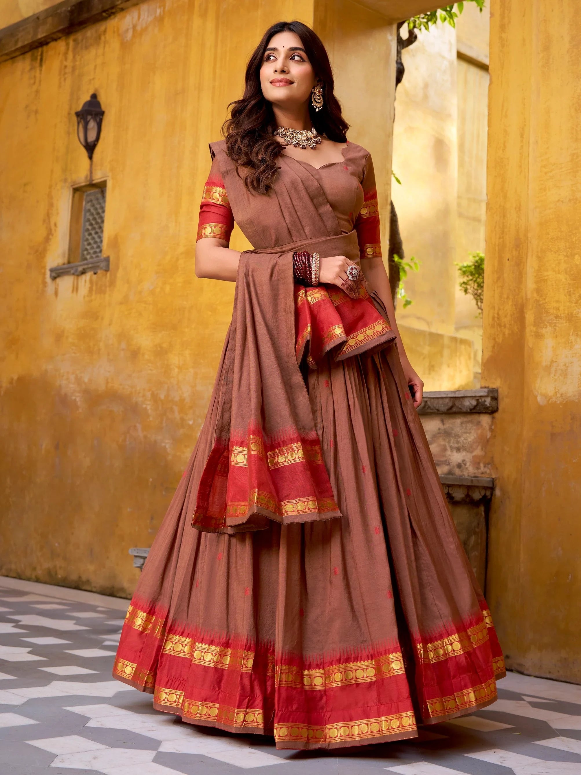 Brown Lovely Zari Weaving Chanderi Wedding Wear Half Saree Lehenga