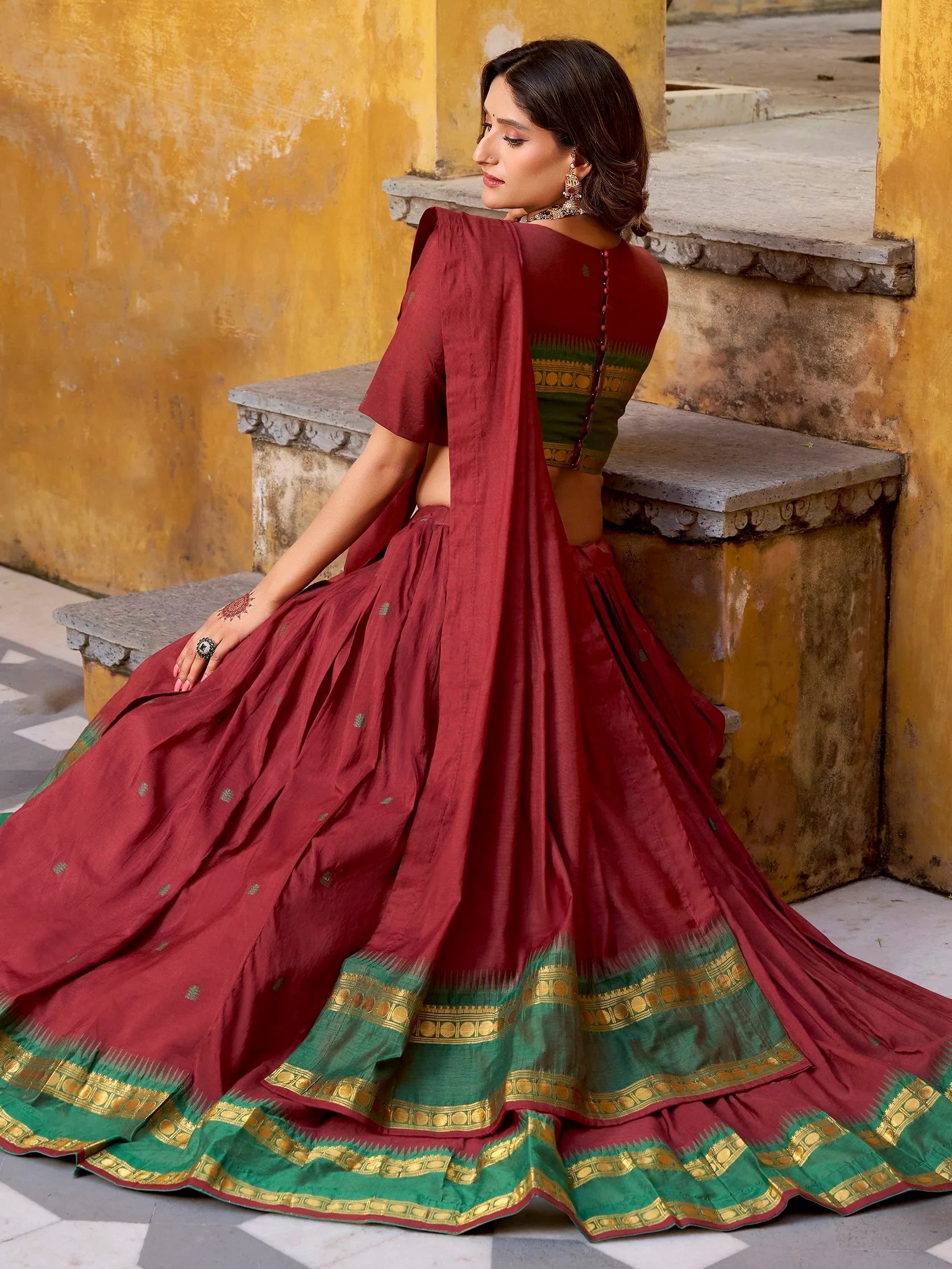 Maroon Lovely Zari Weaving Chanderi Wedding Wear Half Saree Lehenga