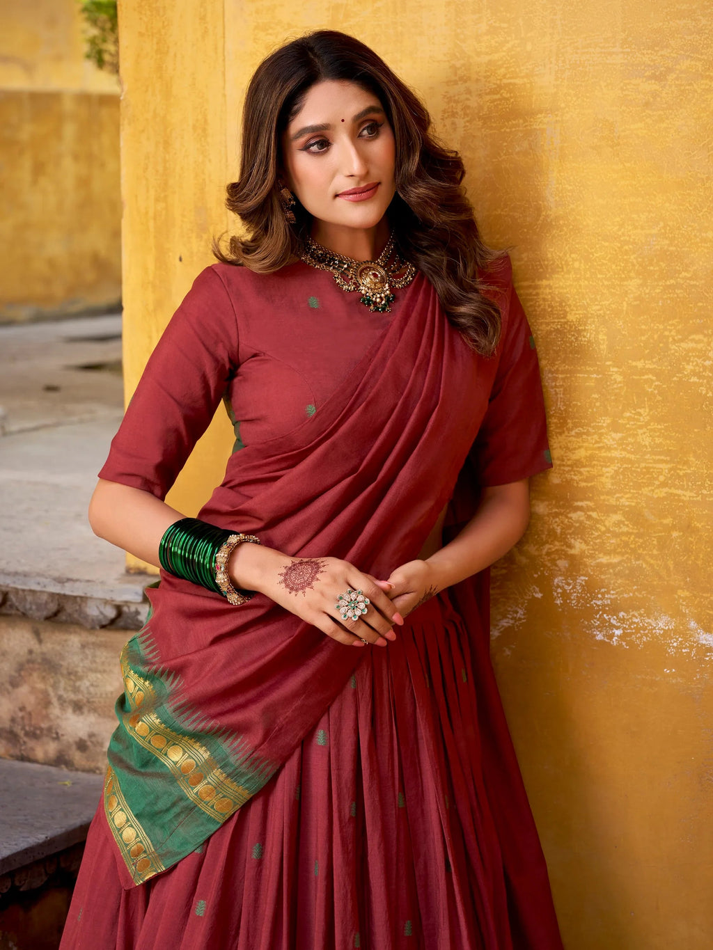 Maroon Lovely Zari Weaving Chanderi Wedding Wear Half Saree Lehenga