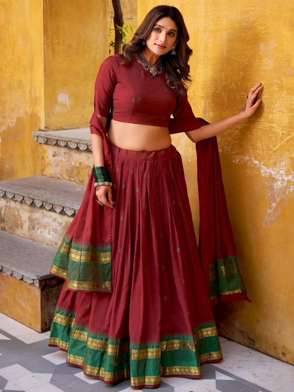 Maroon Lovely Zari Weaving Chanderi Wedding Wear Half Saree Lehenga