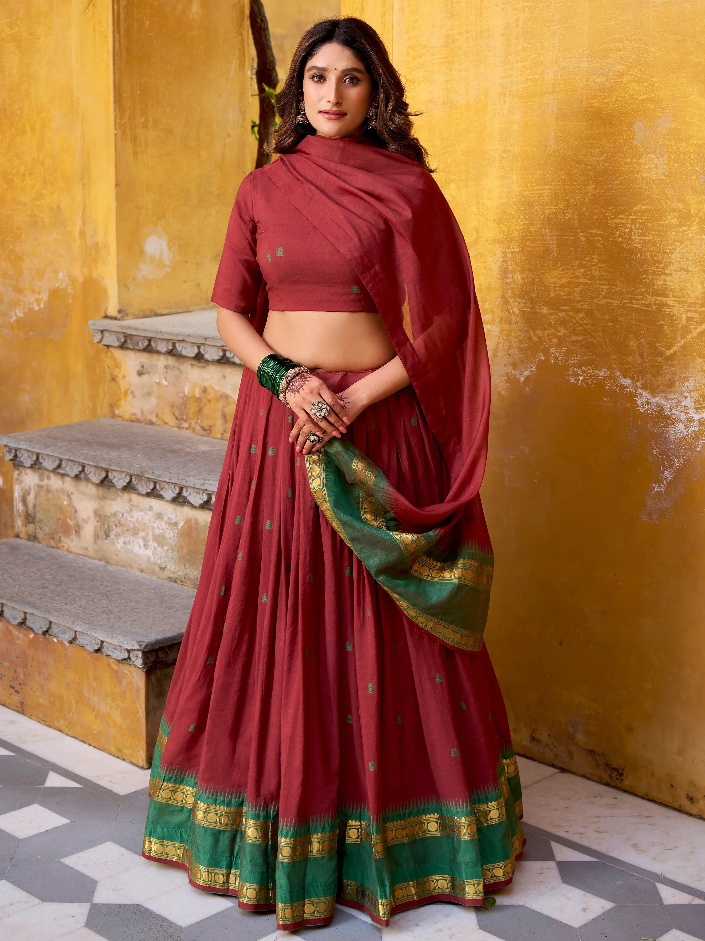 Maroon Lovely Zari Weaving Chanderi Wedding Wear Half Saree Lehenga