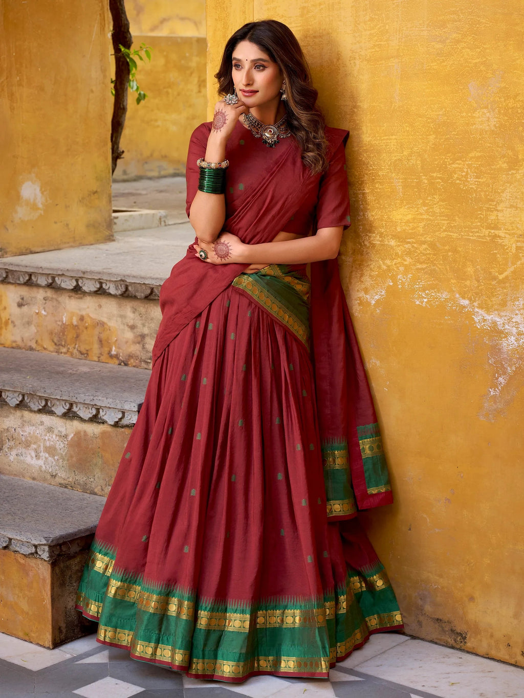 Maroon Lovely Zari Weaving Chanderi Wedding Wear Half Saree Lehenga