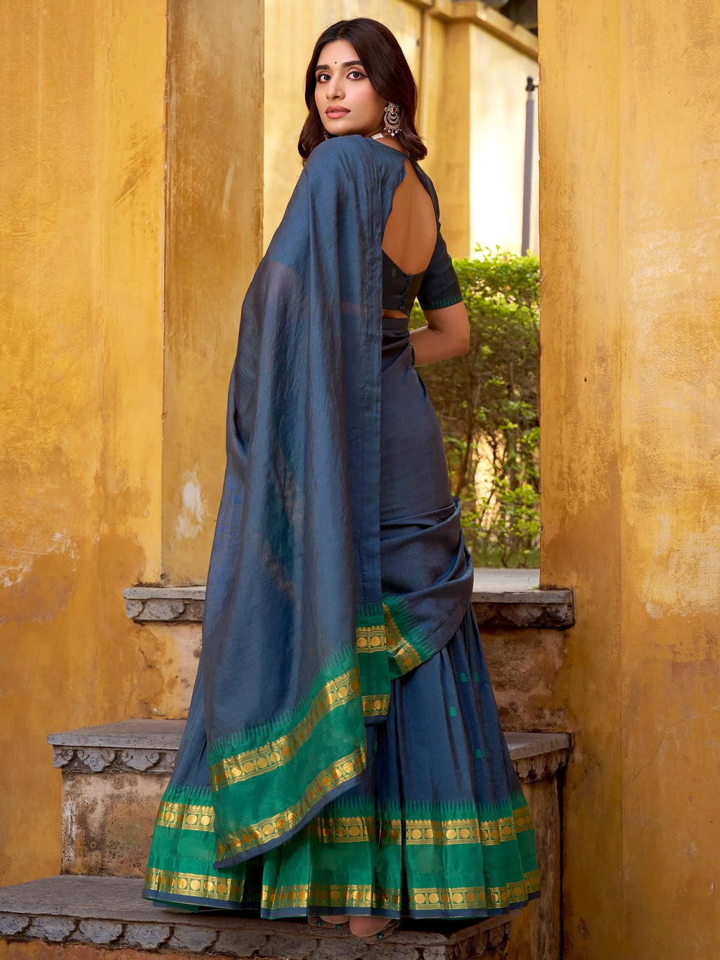 Navy Lovely Zari Weaving Chanderi Wedding Wear Half Saree Lehenga