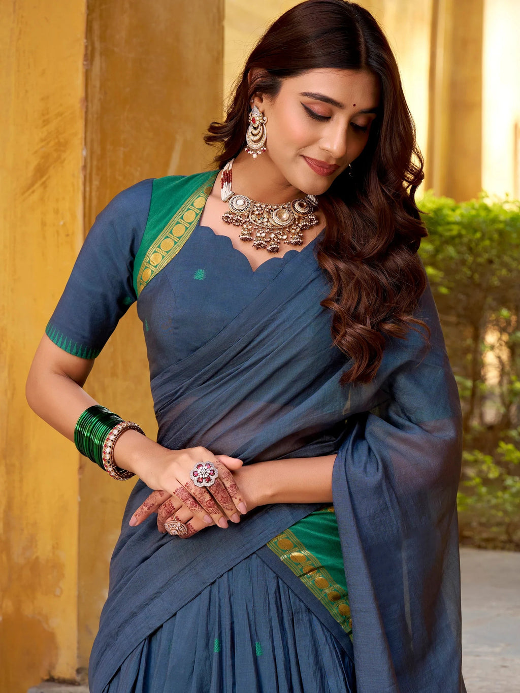Navy Lovely Zari Weaving Chanderi Wedding Wear Half Saree Lehenga