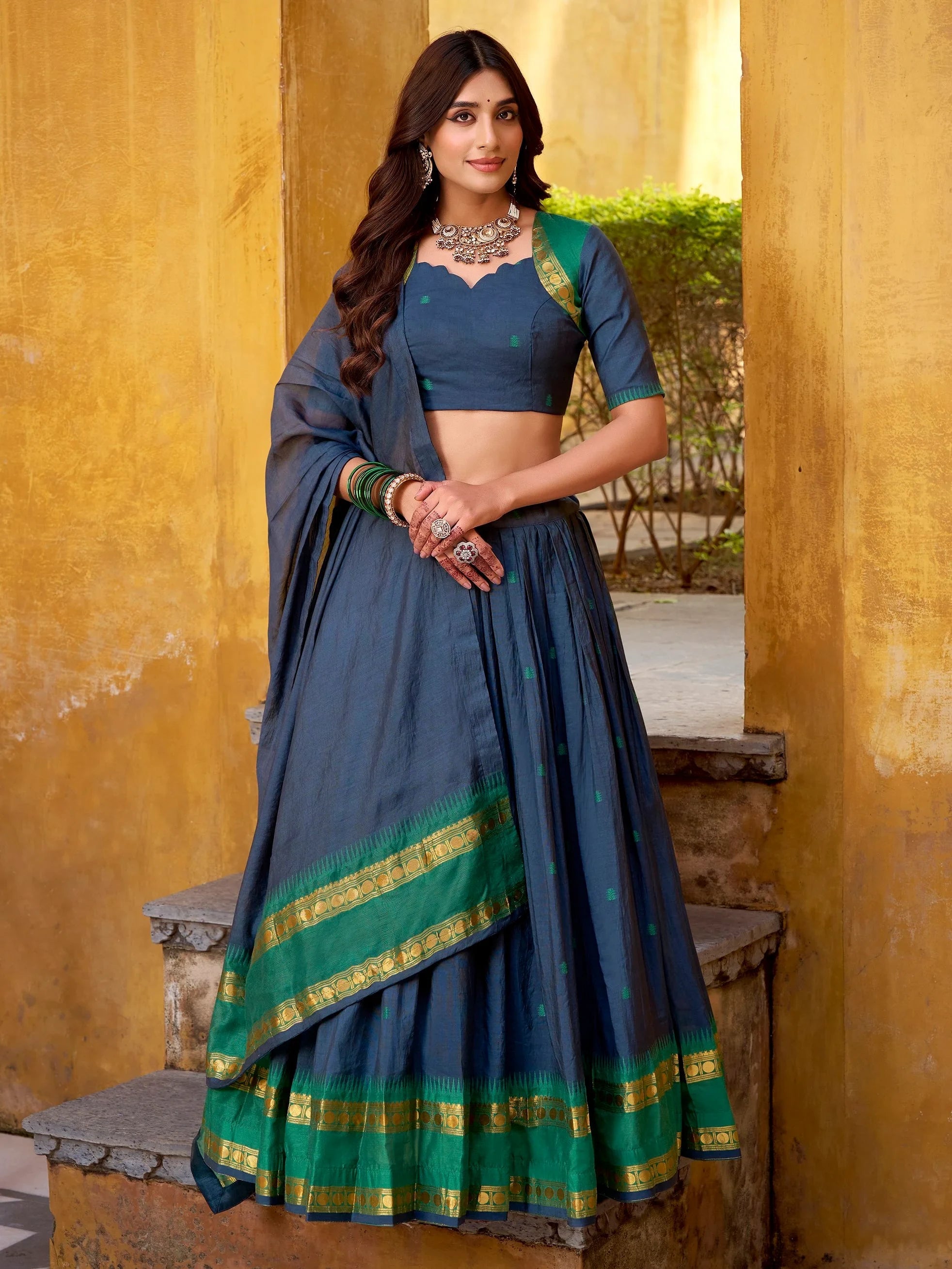 Navy Lovely Zari Weaving Chanderi Wedding Wear Half Saree Lehenga