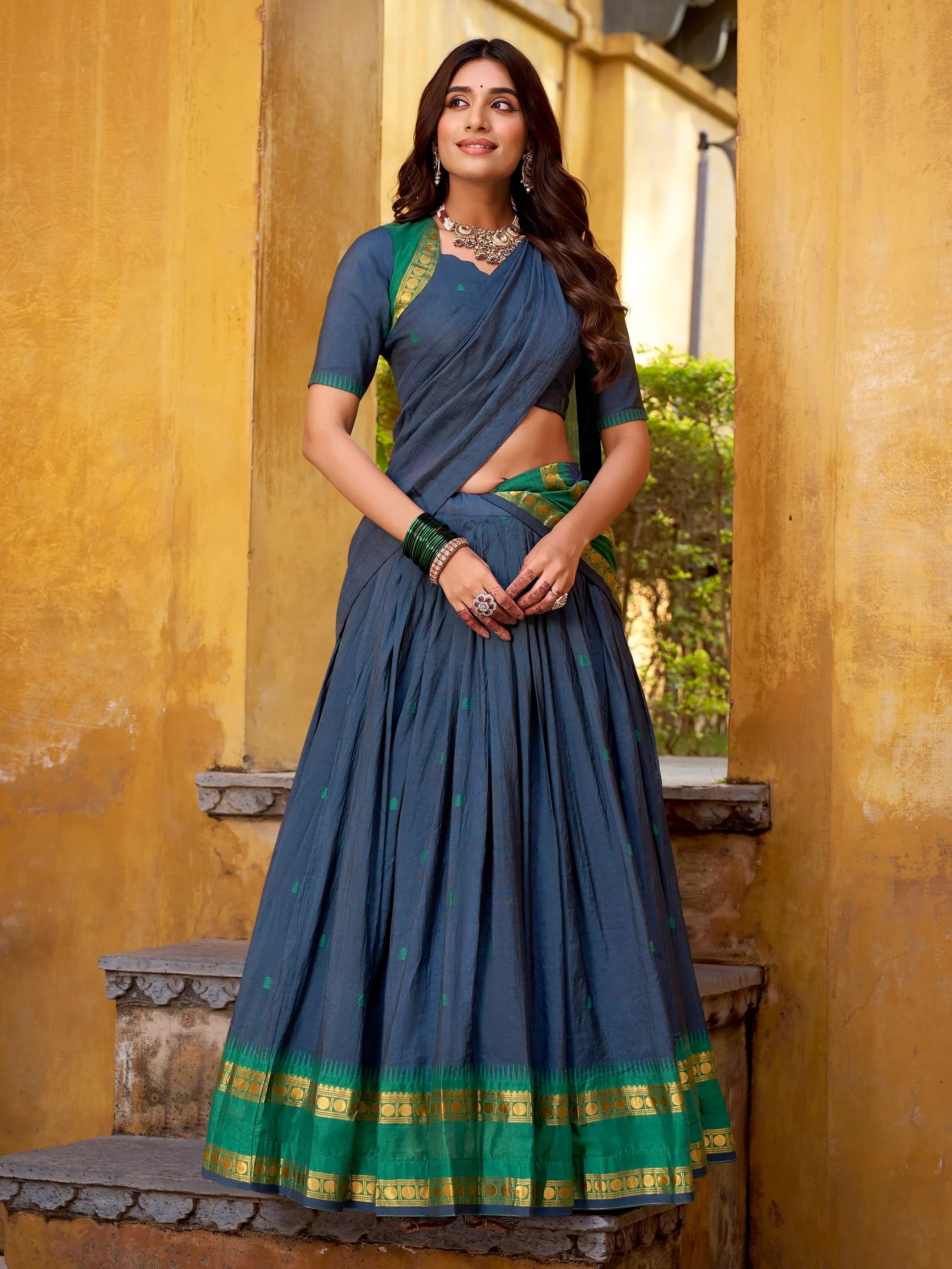 Navy Lovely Zari Weaving Chanderi Wedding Wear Half Saree Lehenga