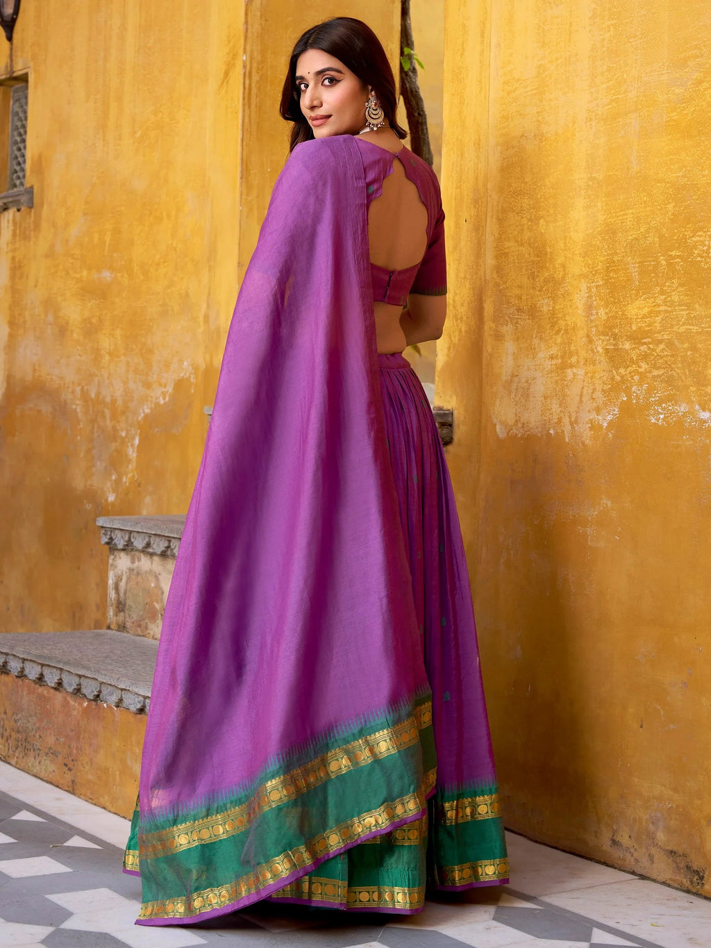 Purple Lovely Zari Weaving Chanderi Wedding Wear Half Saree Lehenga