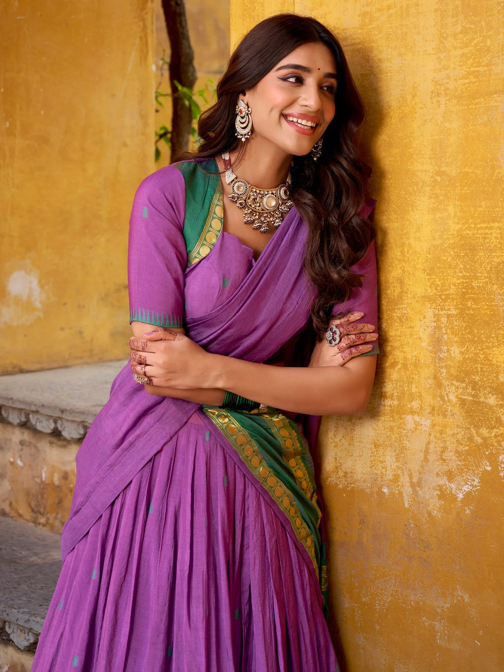 Purple Lovely Zari Weaving Chanderi Wedding Wear Half Saree Lehenga