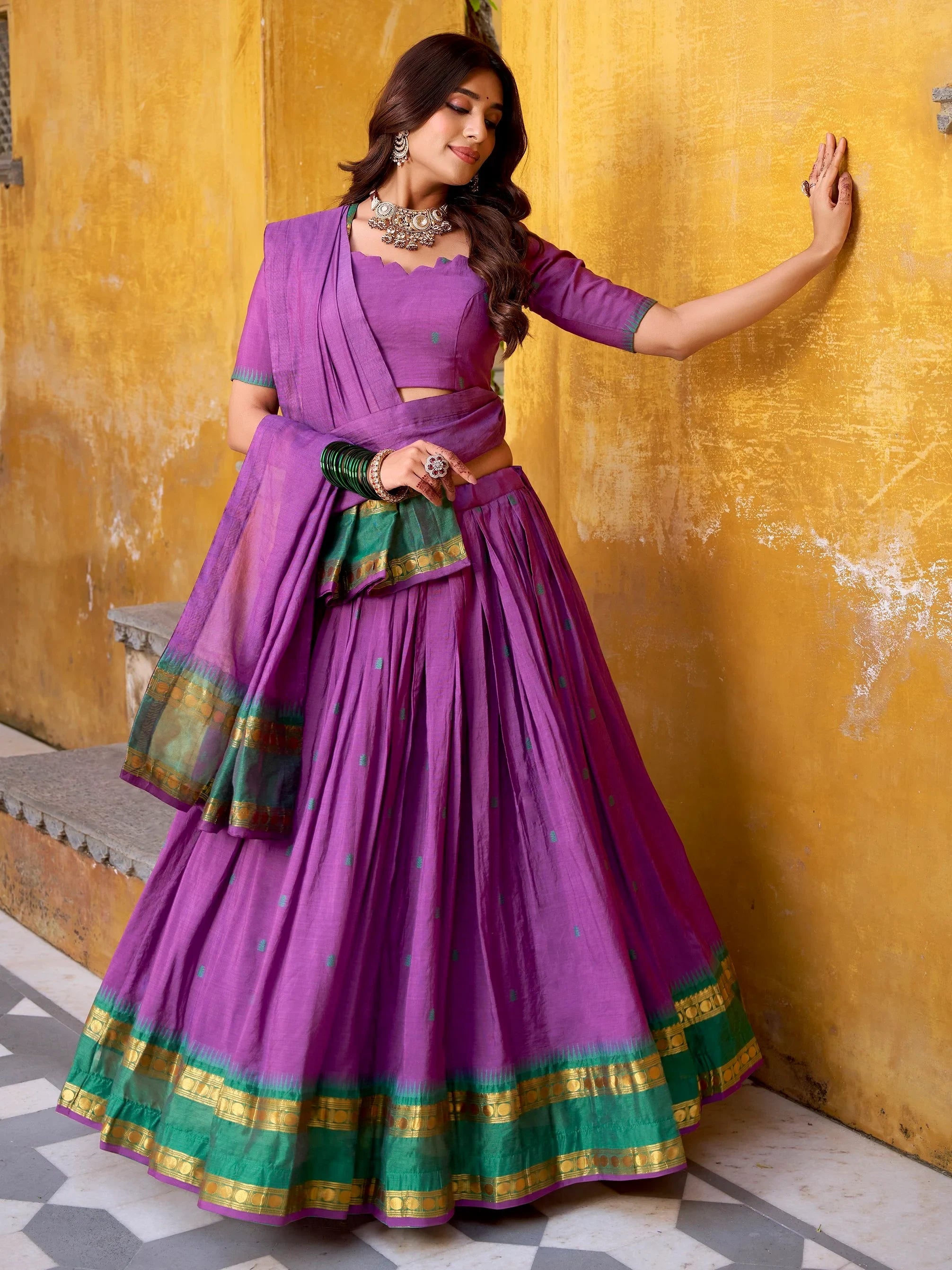 Purple Lovely Zari Weaving Chanderi Wedding Wear Half Saree Lehenga