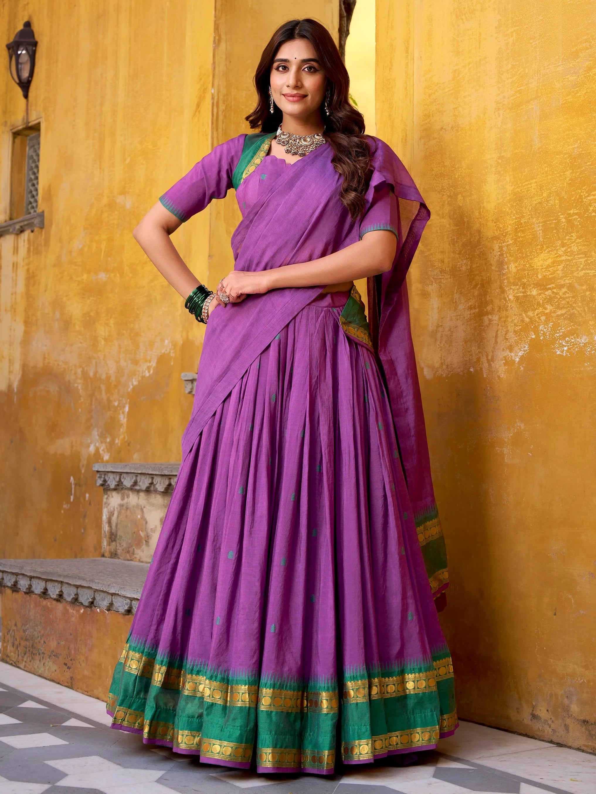 Purple Lovely Zari Weaving Chanderi Wedding Wear Half Saree Lehenga