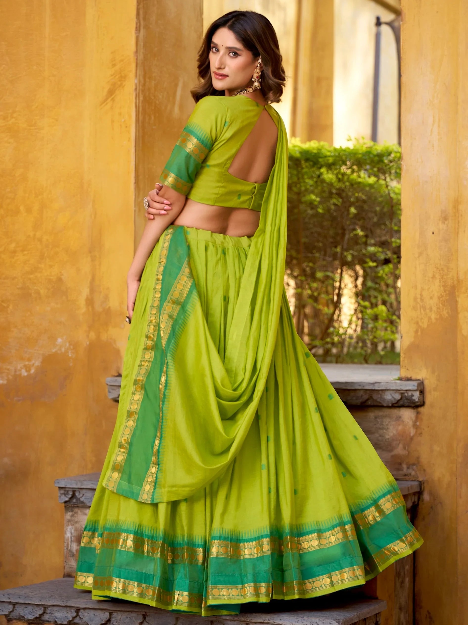 Green Lovely Zari Weaving Chanderi Wedding Wear Half Saree Lehenga