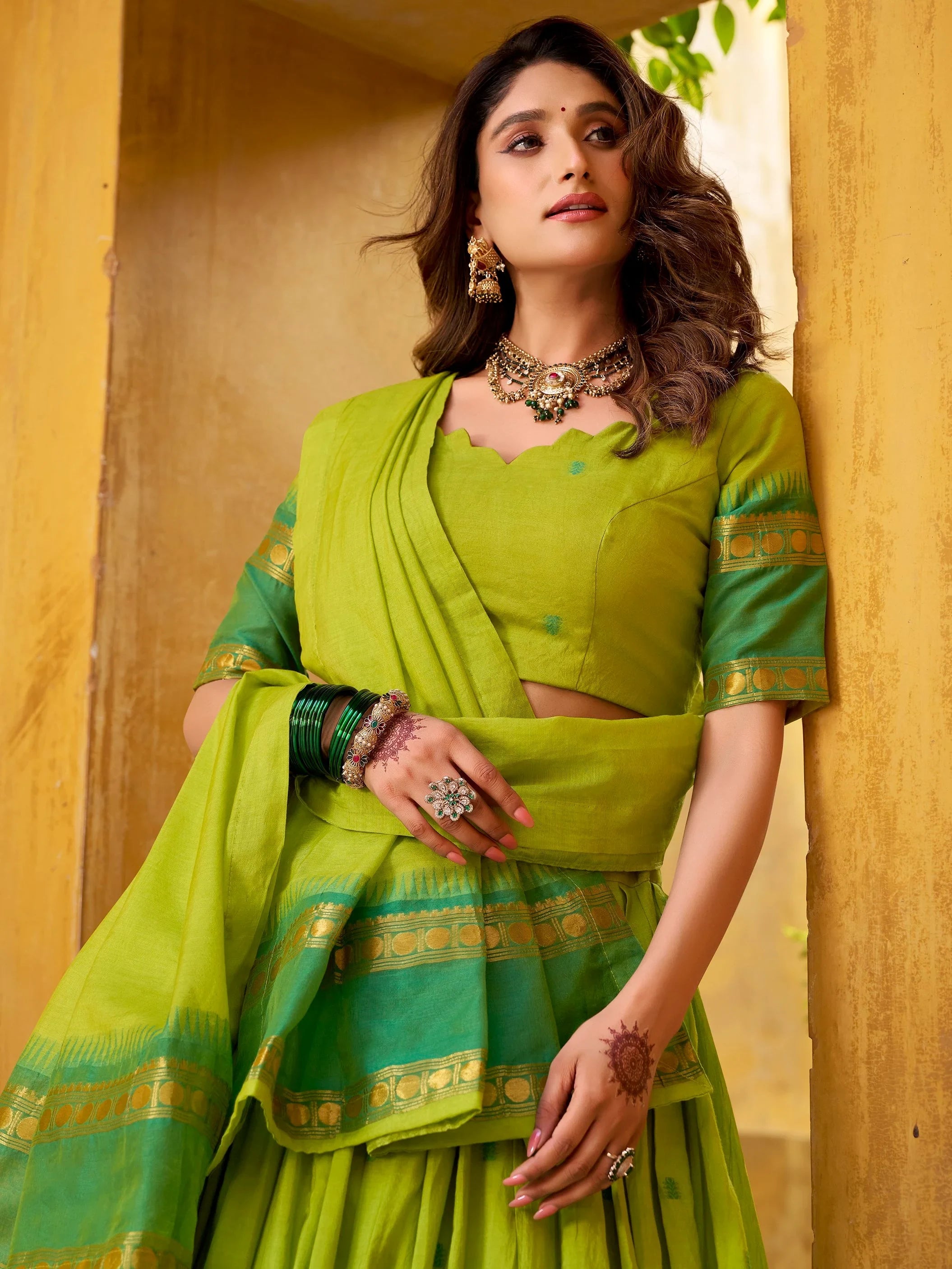 Green Lovely Zari Weaving Chanderi Wedding Wear Half Saree Lehenga