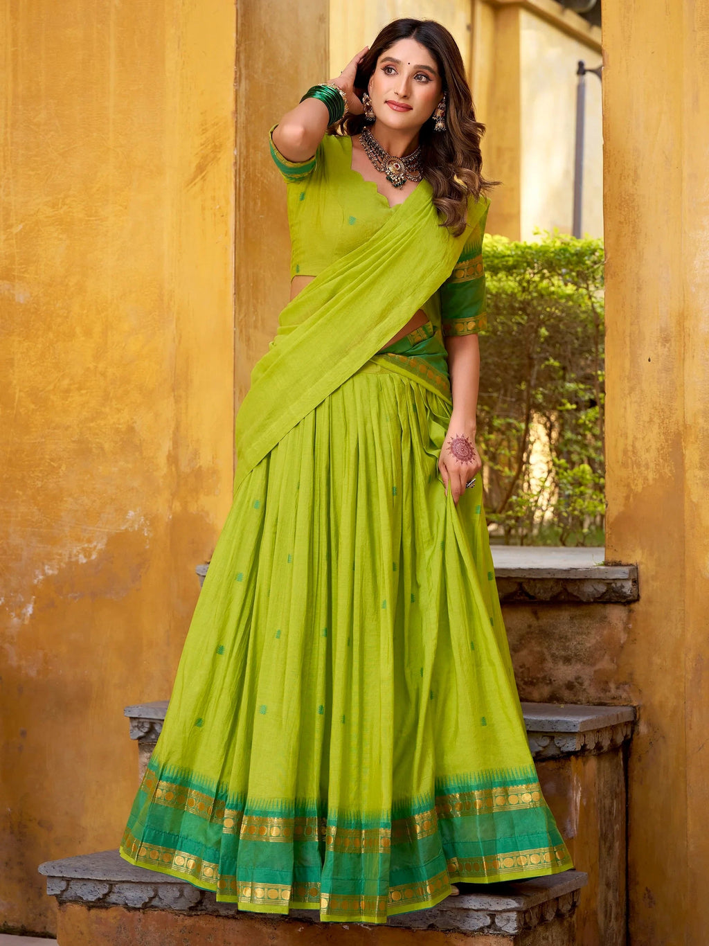 Green Lovely Zari Weaving Chanderi Wedding Wear Half Saree Lehenga