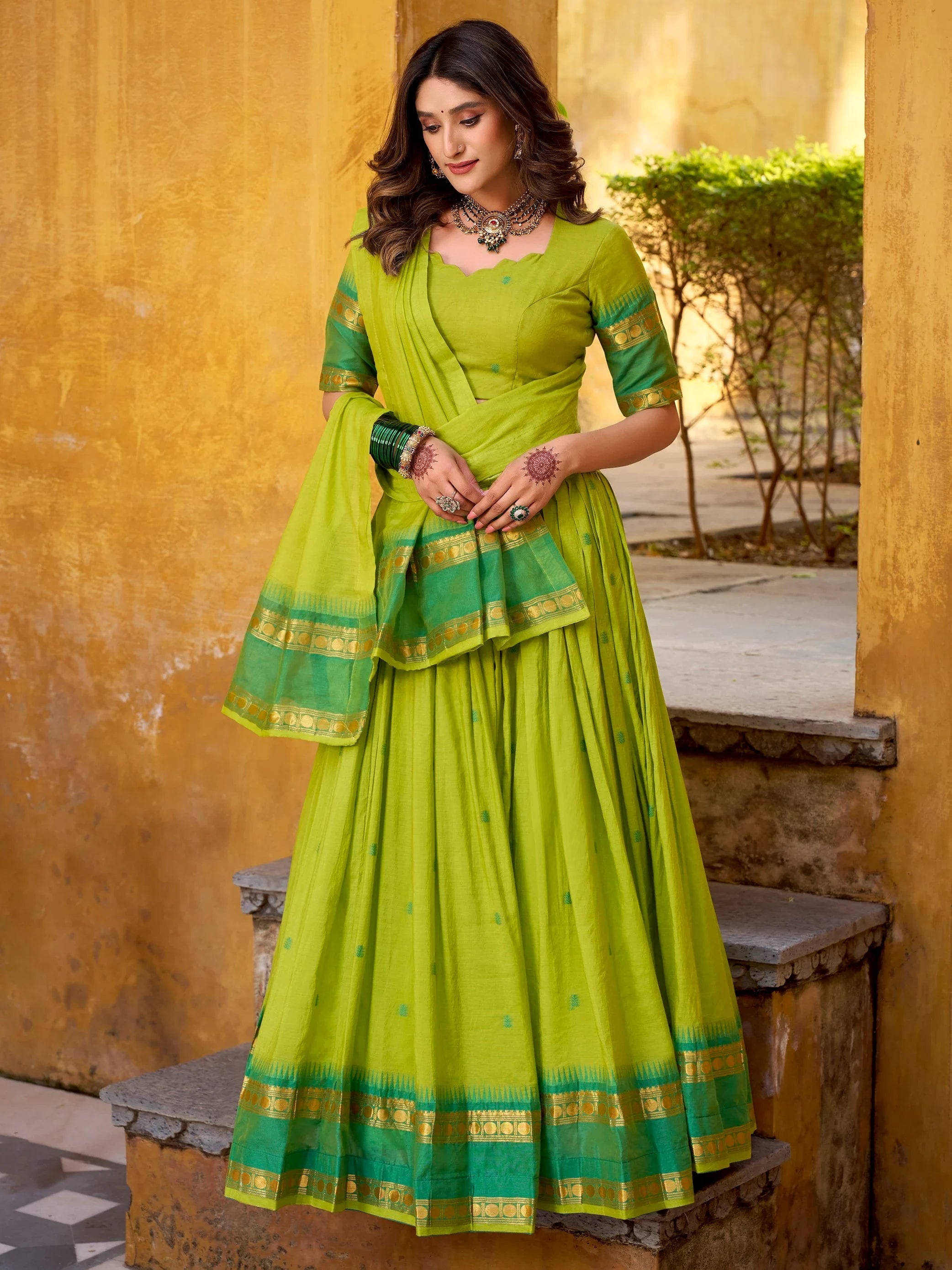 Green Lovely Zari Weaving Chanderi Wedding Wear Half Saree Lehenga