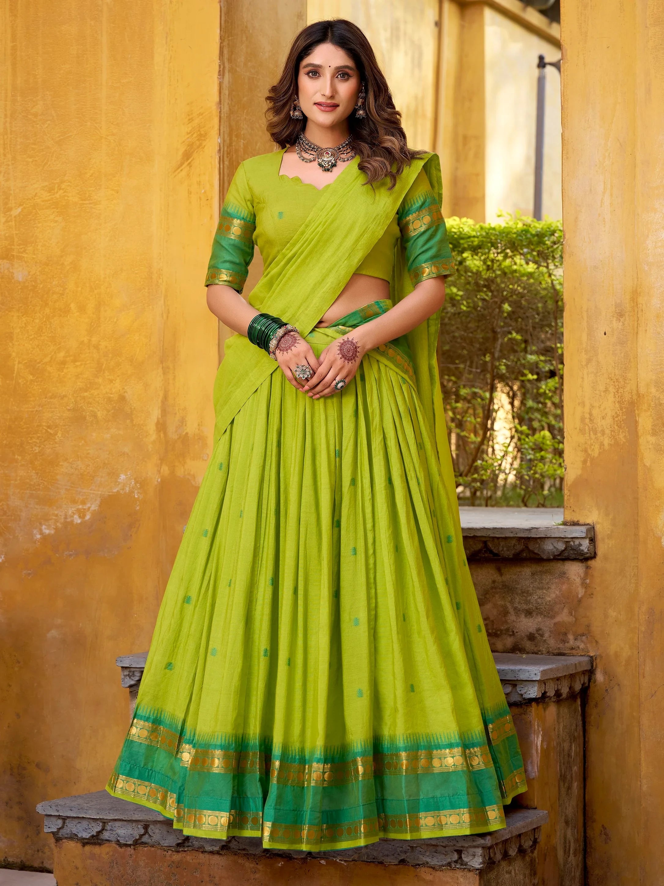Green Lovely Zari Weaving Chanderi Wedding Wear Half Saree Lehenga