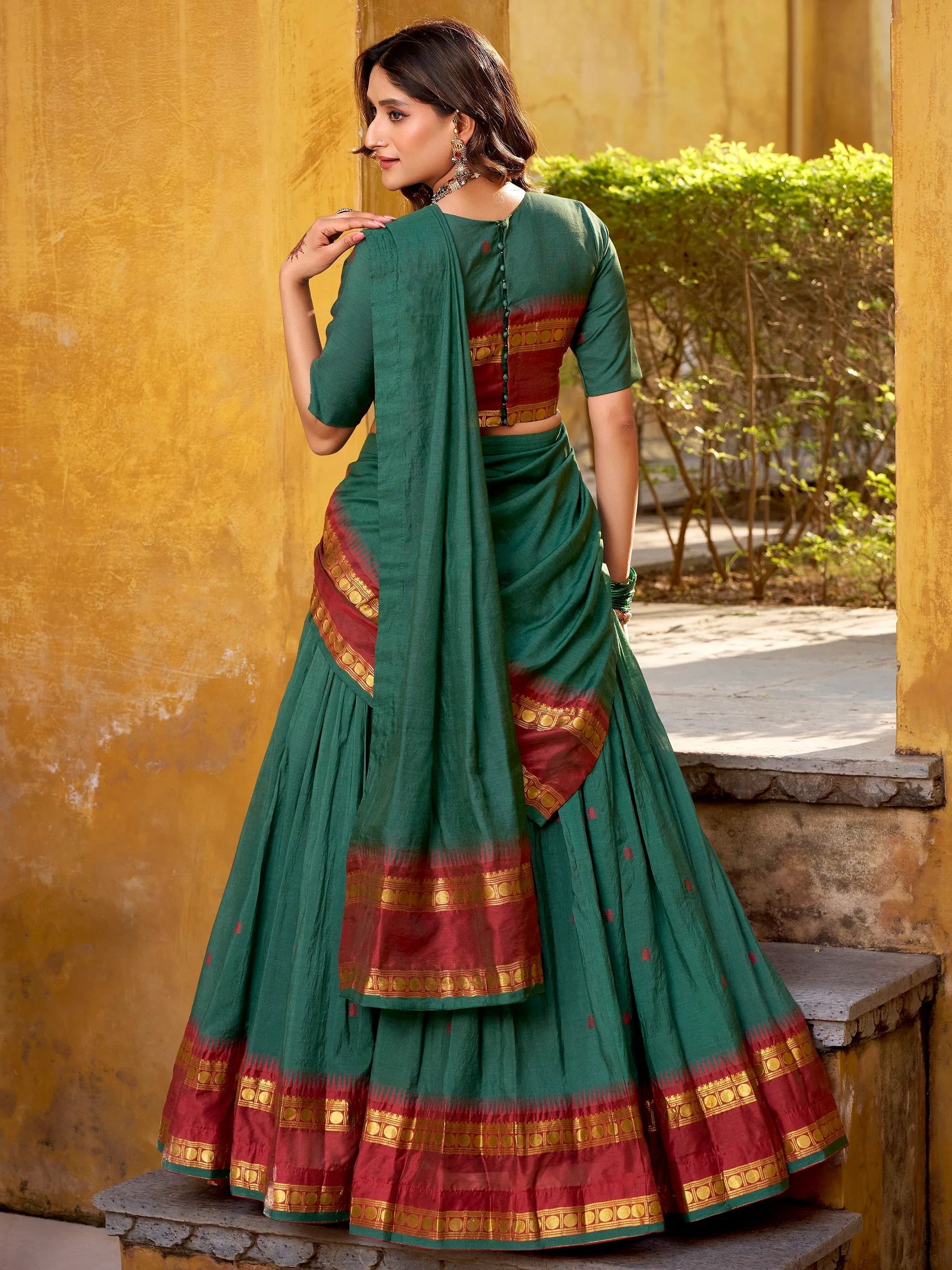 Teal Lovely Zari Weaving Chanderi Wedding Wear Half Saree Lehenga