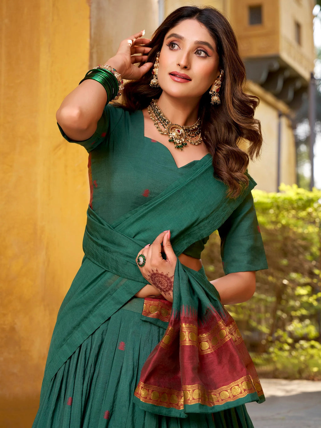 Teal Lovely Zari Weaving Chanderi Wedding Wear Half Saree Lehenga