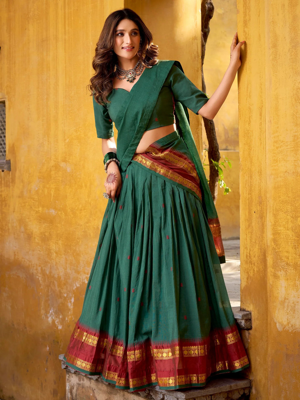 Teal Lovely Zari Weaving Chanderi Wedding Wear Half Saree Lehenga