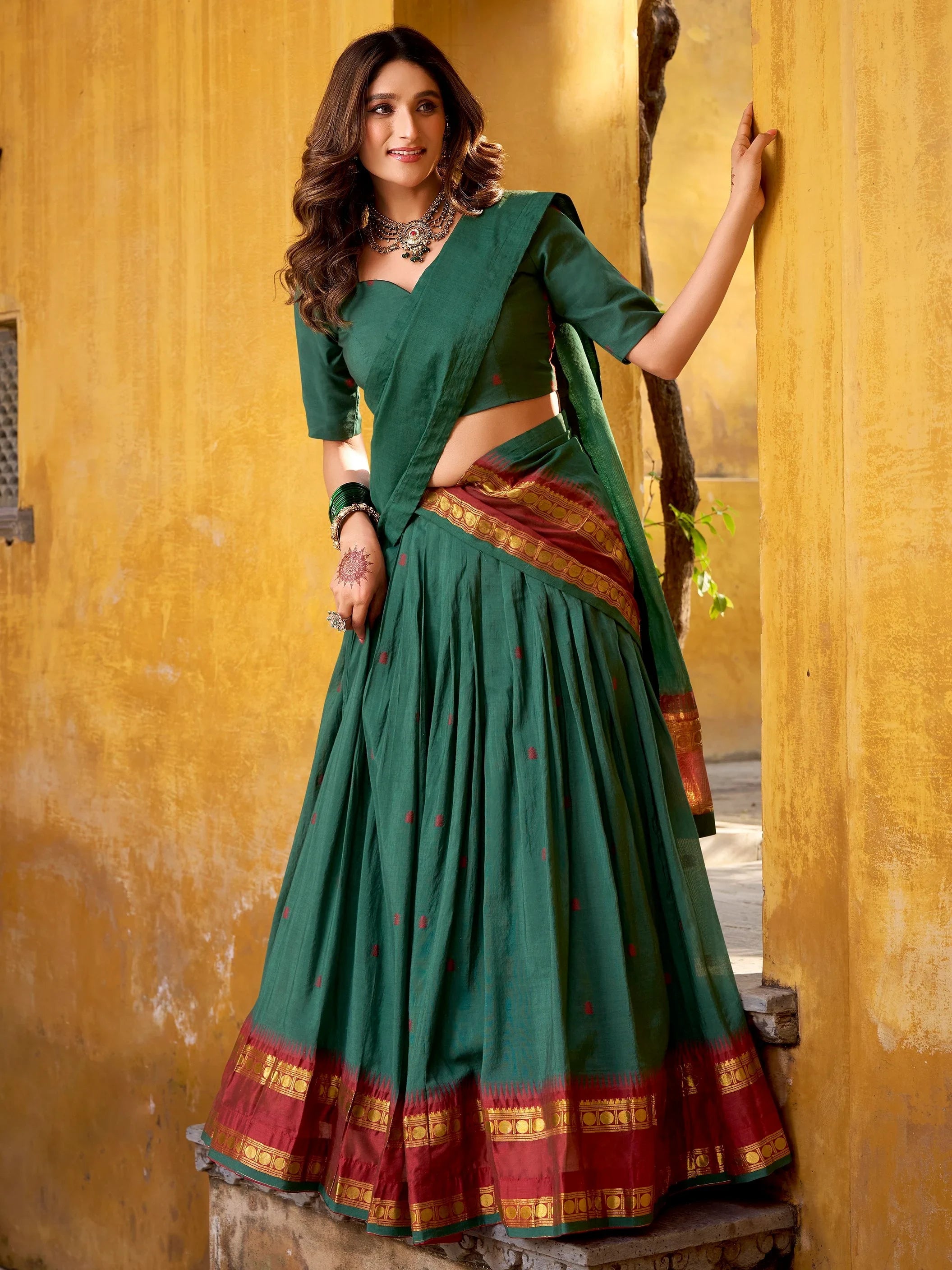 Teal Lovely Zari Weaving Chanderi Wedding Wear Half Saree Lehenga