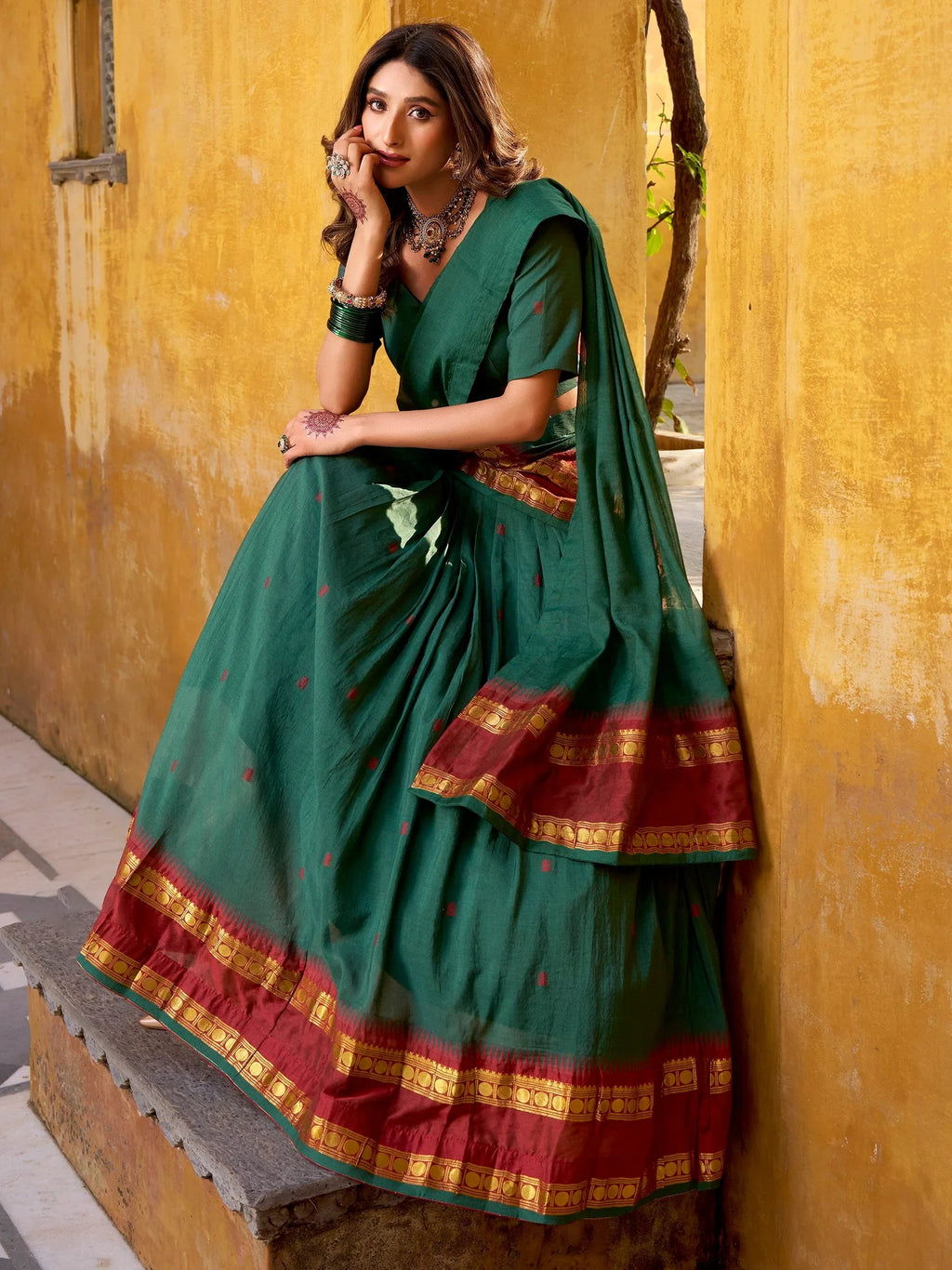 Teal Lovely Zari Weaving Chanderi Wedding Wear Half Saree Lehenga