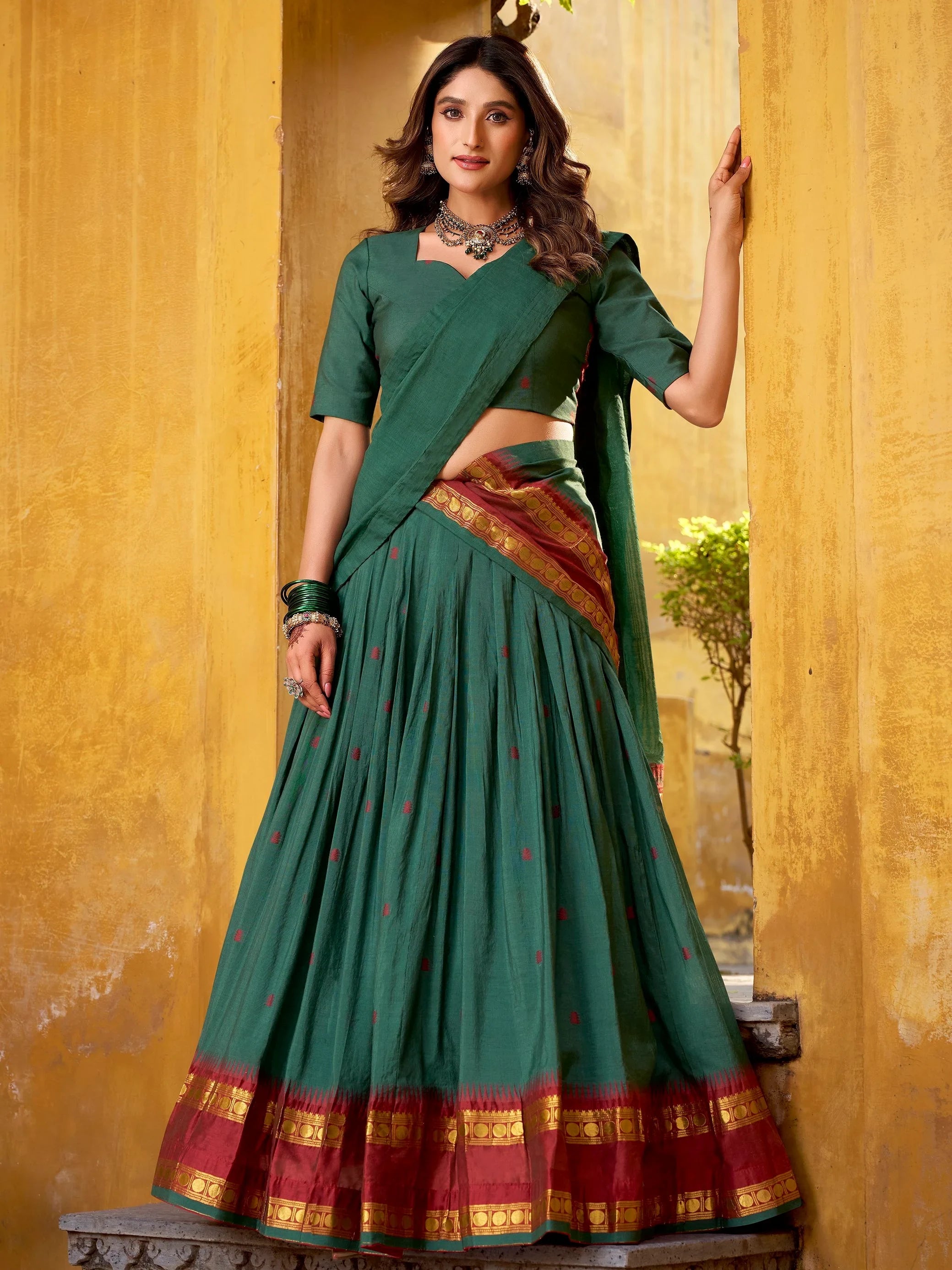 Teal Lovely Zari Weaving Chanderi Wedding Wear Half Saree Lehenga