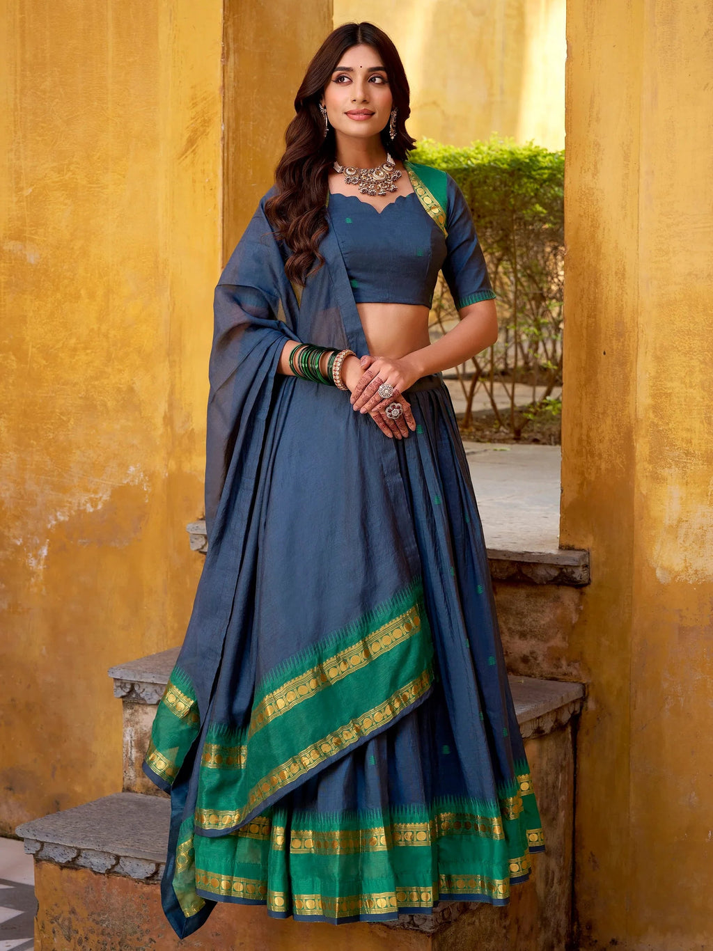 Navy Lovely Zari Weaving Chanderi Wedding Wear Half Saree Lehenga