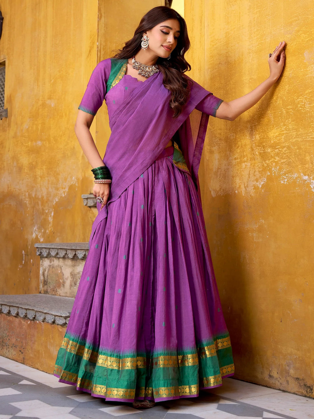 Purple Lovely Zari Weaving Chanderi Wedding Wear Half Saree Lehenga