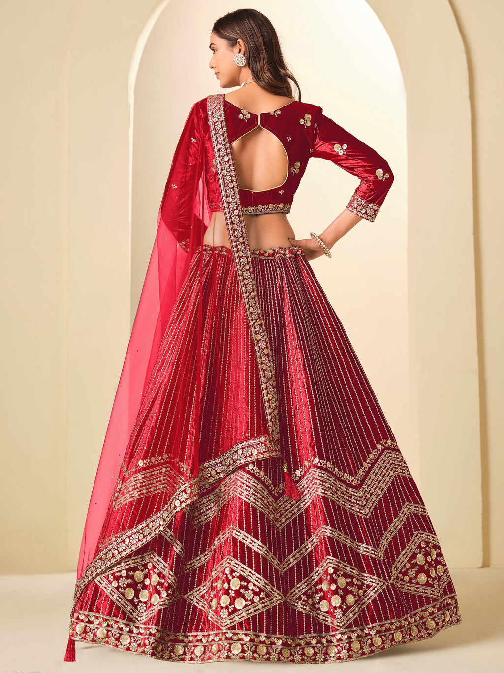 Lovable Red Sequins Velvet Bridal Lehenga Choli With Dupatta
