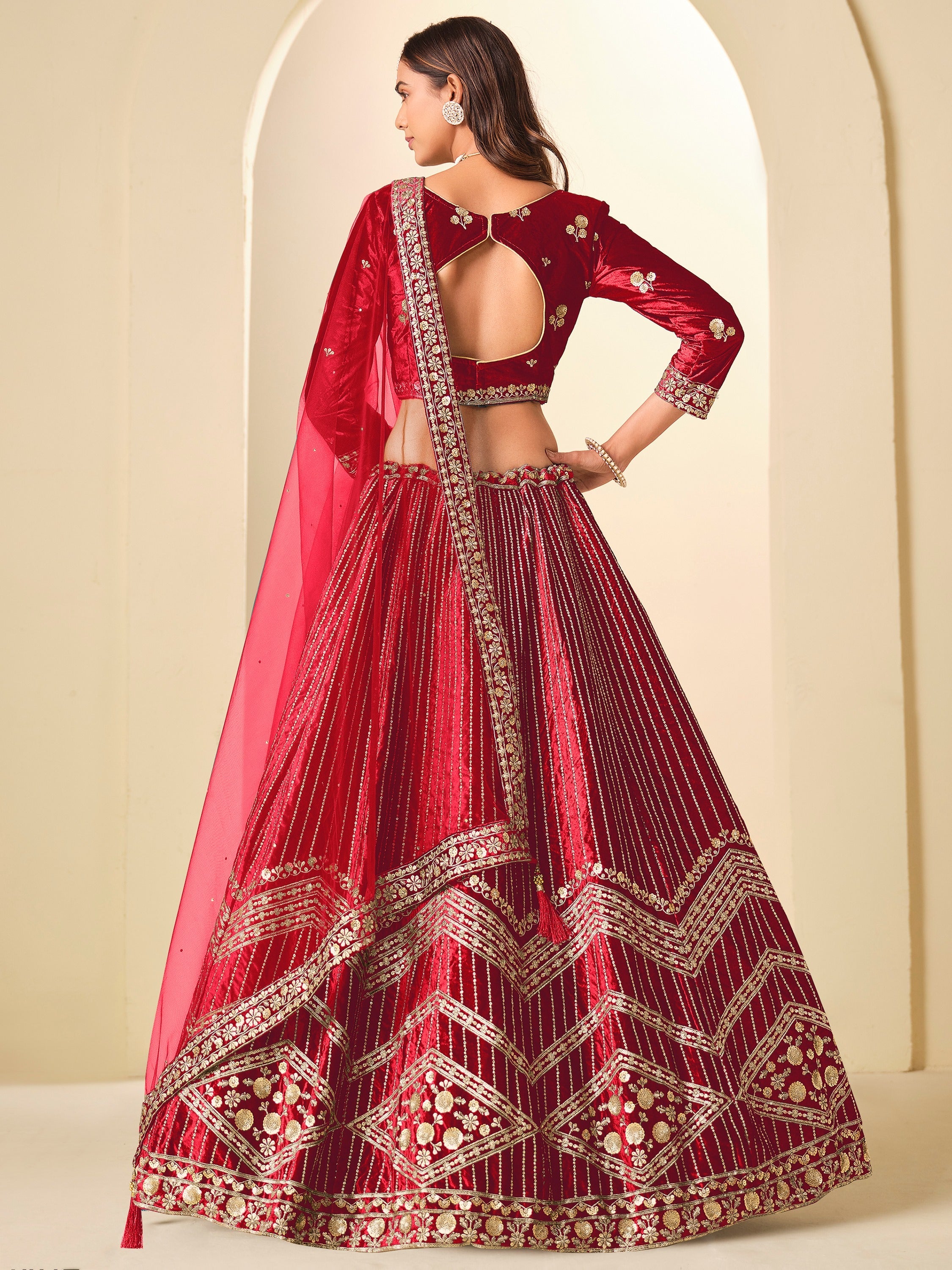 Lovable Red Sequins Velvet Bridal Lehenga Choli With Dupatta