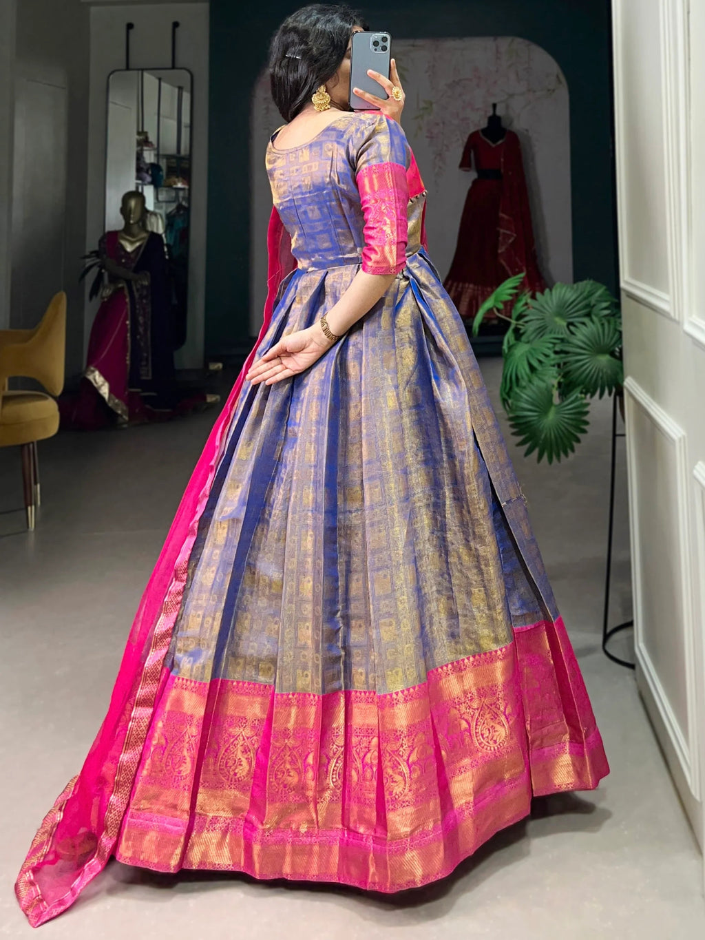 Timeless Blue Zari Weaving Silk Festive Wear Gown With Dupatta