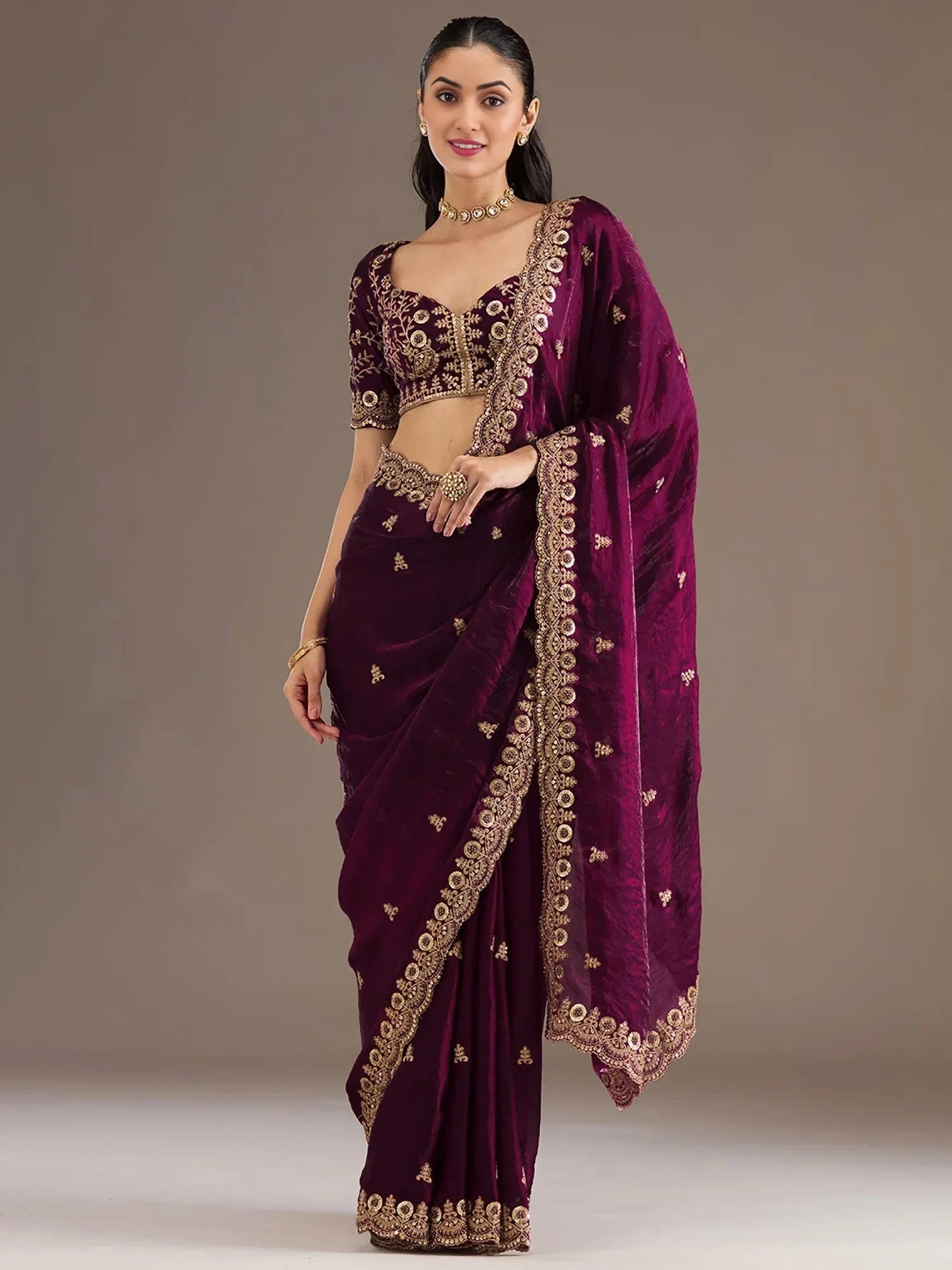 Wine Elegant Embroidered Tissue Silk Party Wear Saree With Blouse