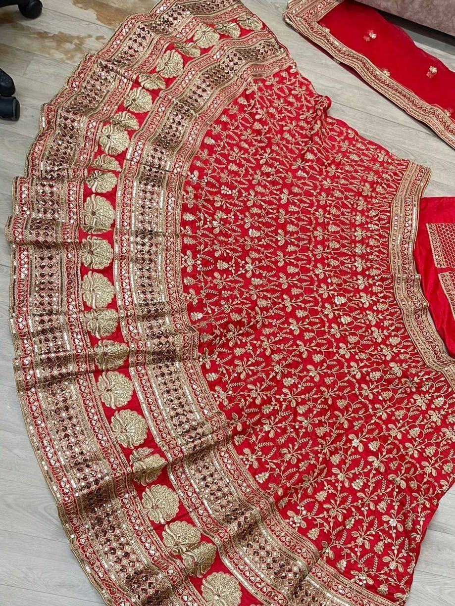 Exciting Red Sequins Embroidredy Silk Wedding Wear Lehenga Choli