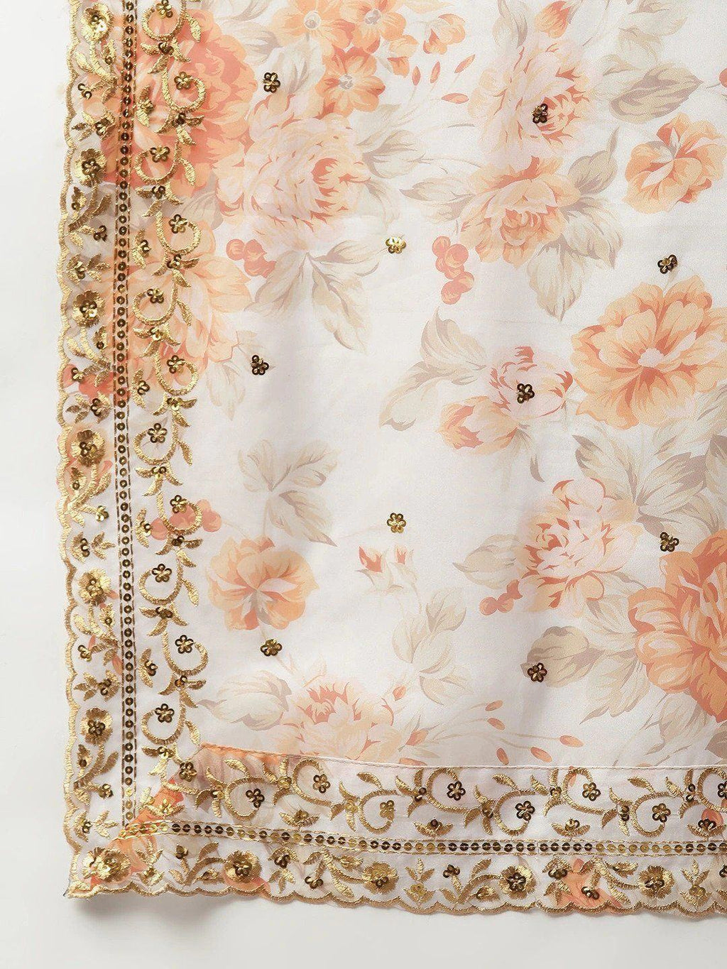 Off White & Peach-Coloured Embellished Sequinned Semi-Stitched Myntra Lehenga