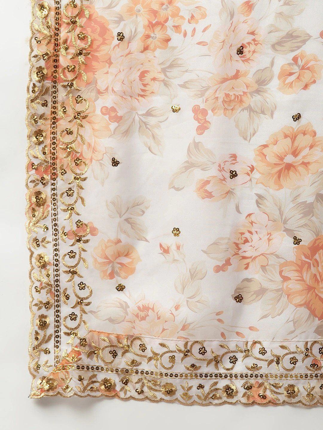 Off White & Peach-Coloured Embellished Sequinned Semi-Stitched Myntra Lehenga
