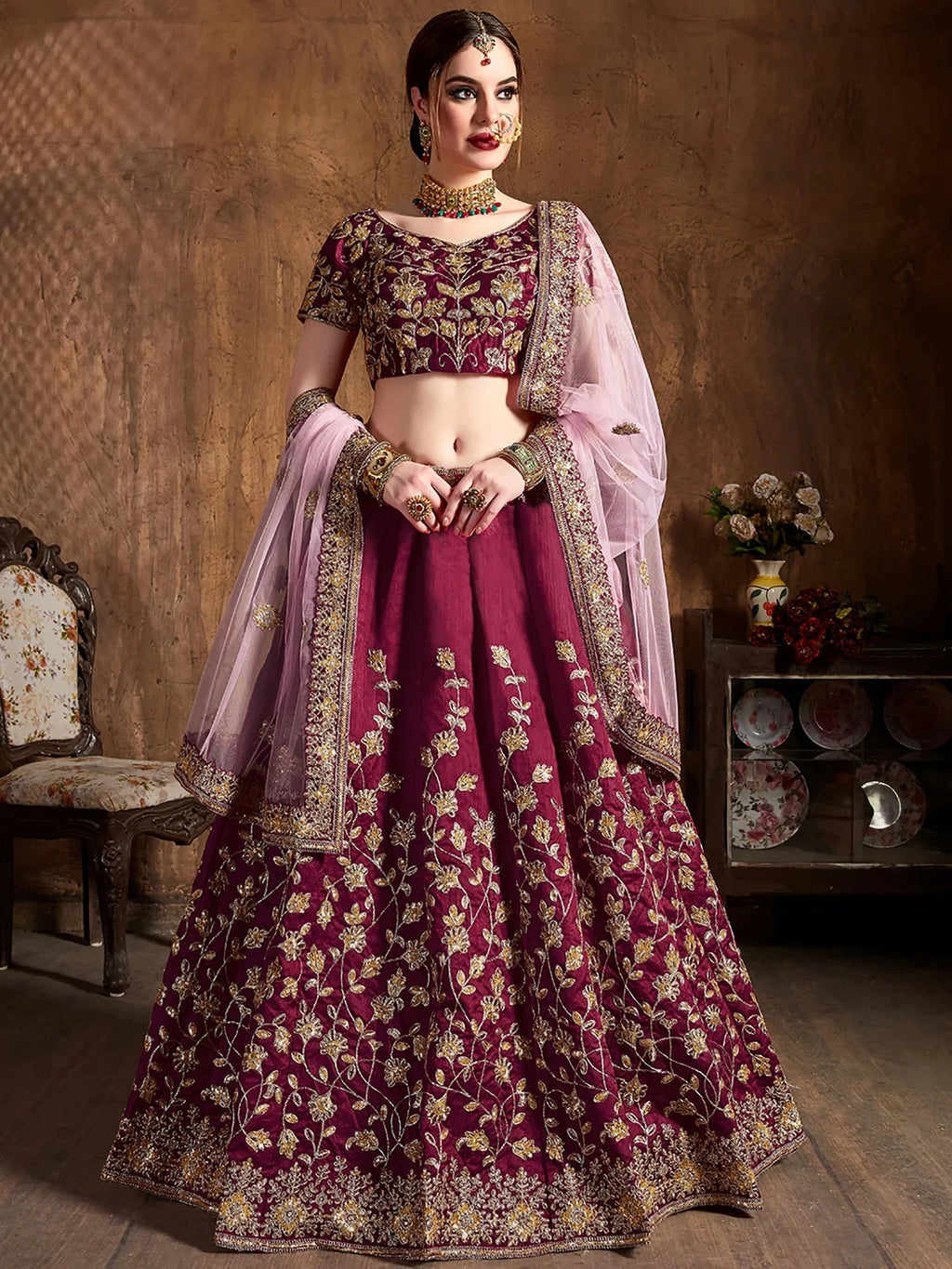 Awesome Maroon Embroidered Silk Wedding Wear Plus Size Lehenga Choli