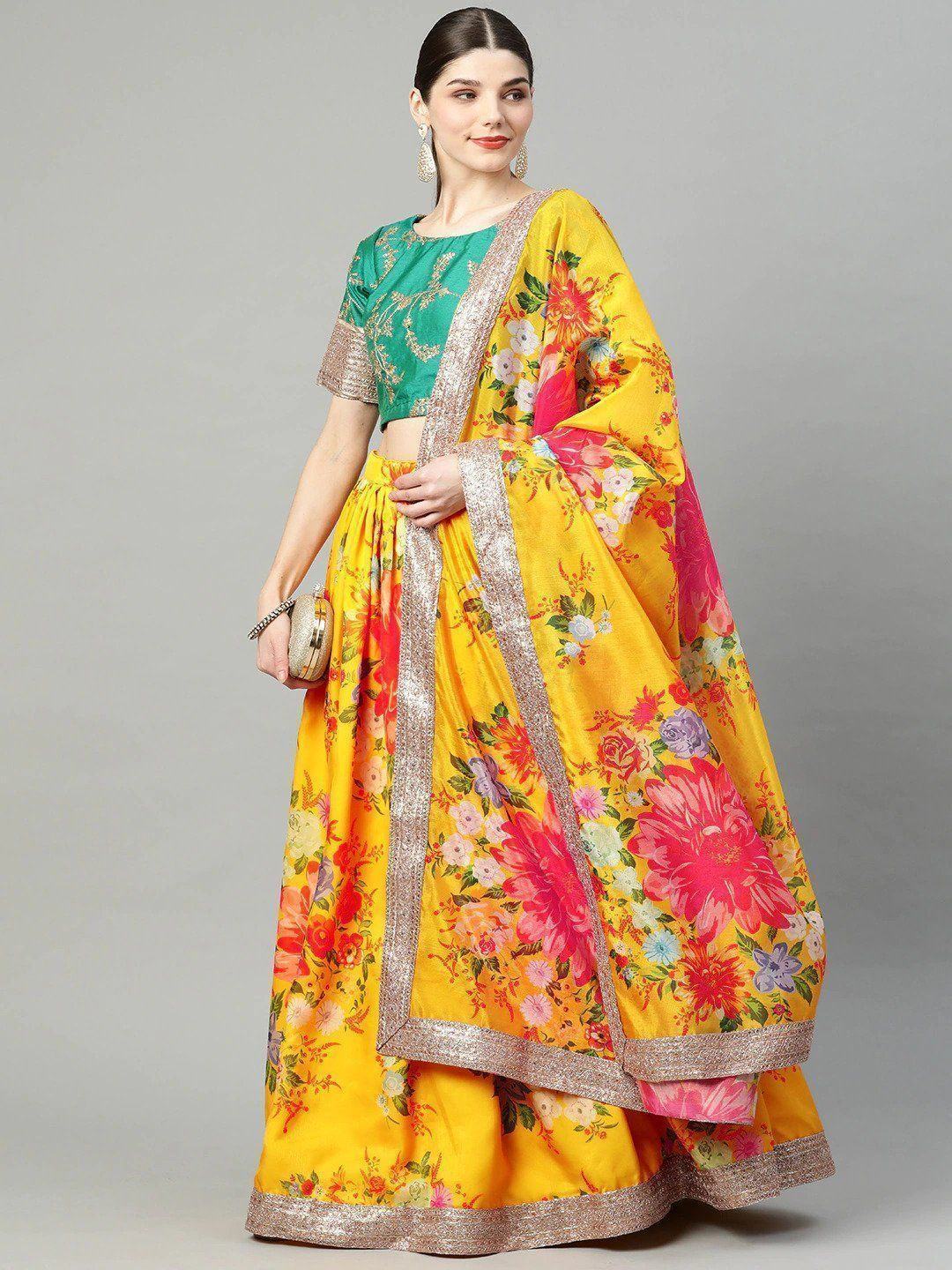 Mustard Floral Digital Printed Organza Bridal Lehenga Choli