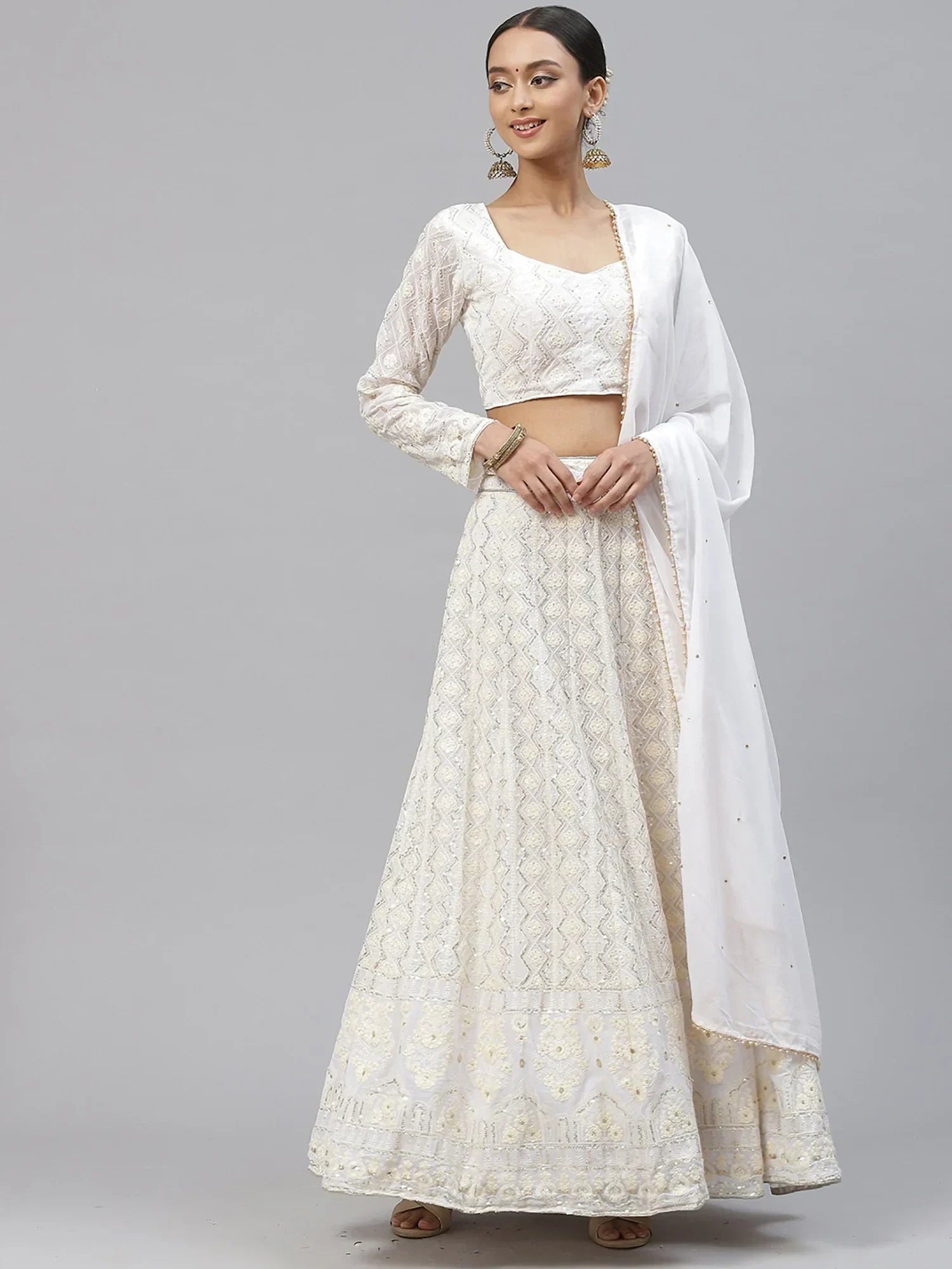 Impressive White Sequins Bridesmaid Monochrome Lehenga Choli